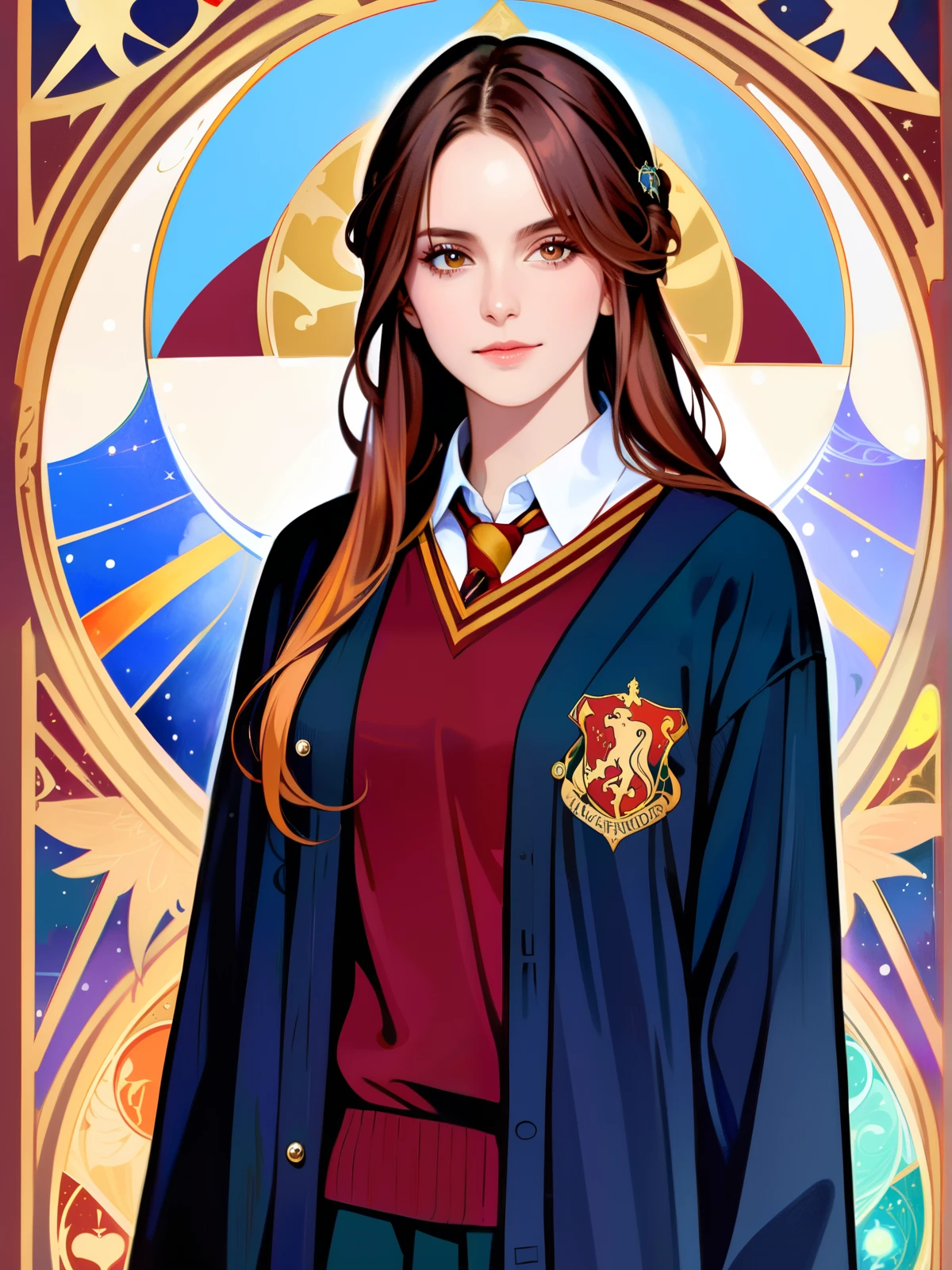 (absurdres, highres, ultra detailed), 1 Female, Hemione Granger, Brown hair, Brown eyes, Looking at the camera, Wearing a Hogwarts uniform, Black robe with Gryffindor emblem, White collared shirt, Tie in house colors, V-neck sweater, Wizard aesthetic, Regal yet casual, 'tarot', Symbolism, Visual art, Occult, Universal, Vision casting, Philosophical, Iconography, Numerology, Popularity, Artistic, Alfons Mucha, ethereal lighting