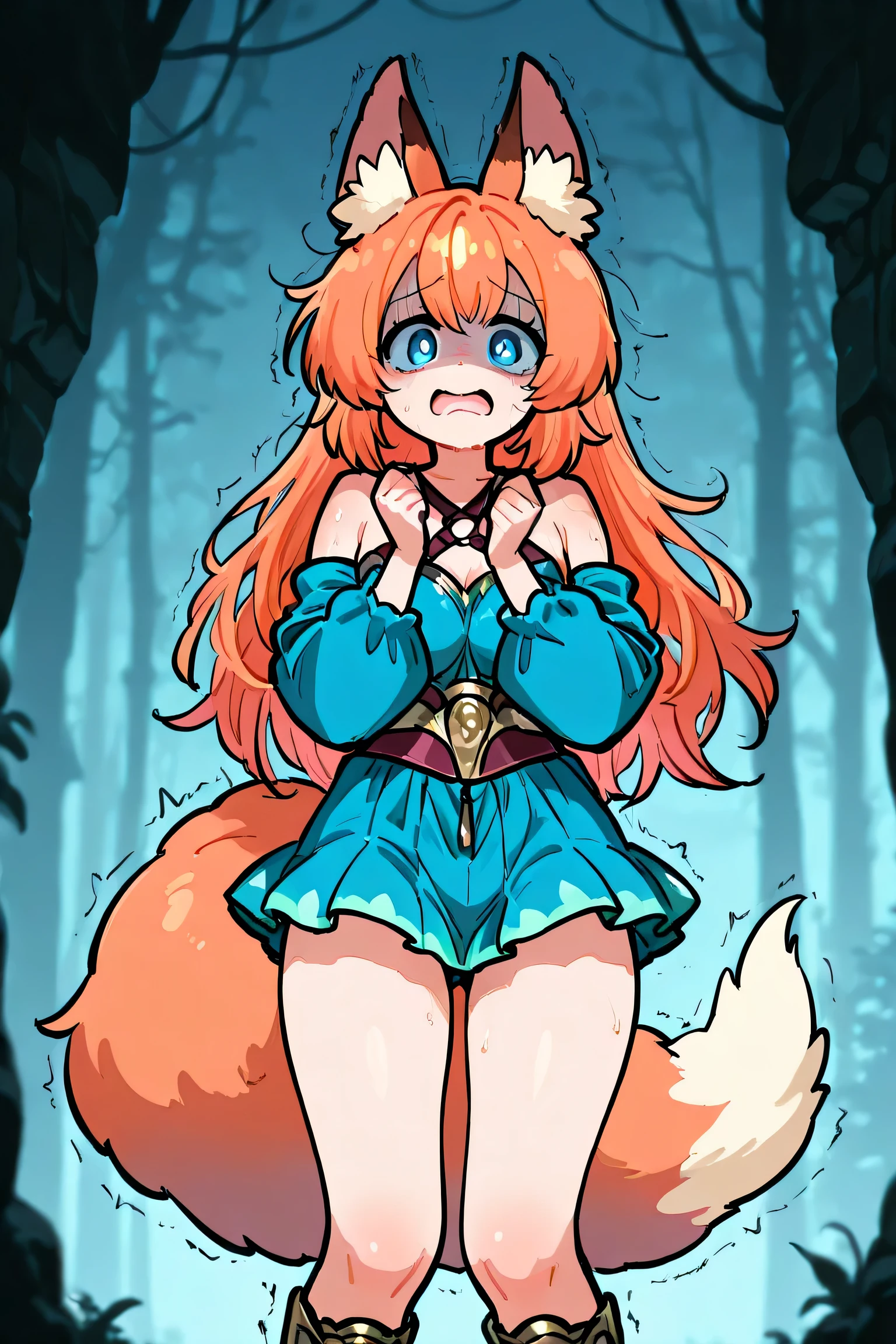 female, orange-bronze hair and blue eyes with 4-point stars in them, wearing orange and blue clothes, fox ears and tail, scared