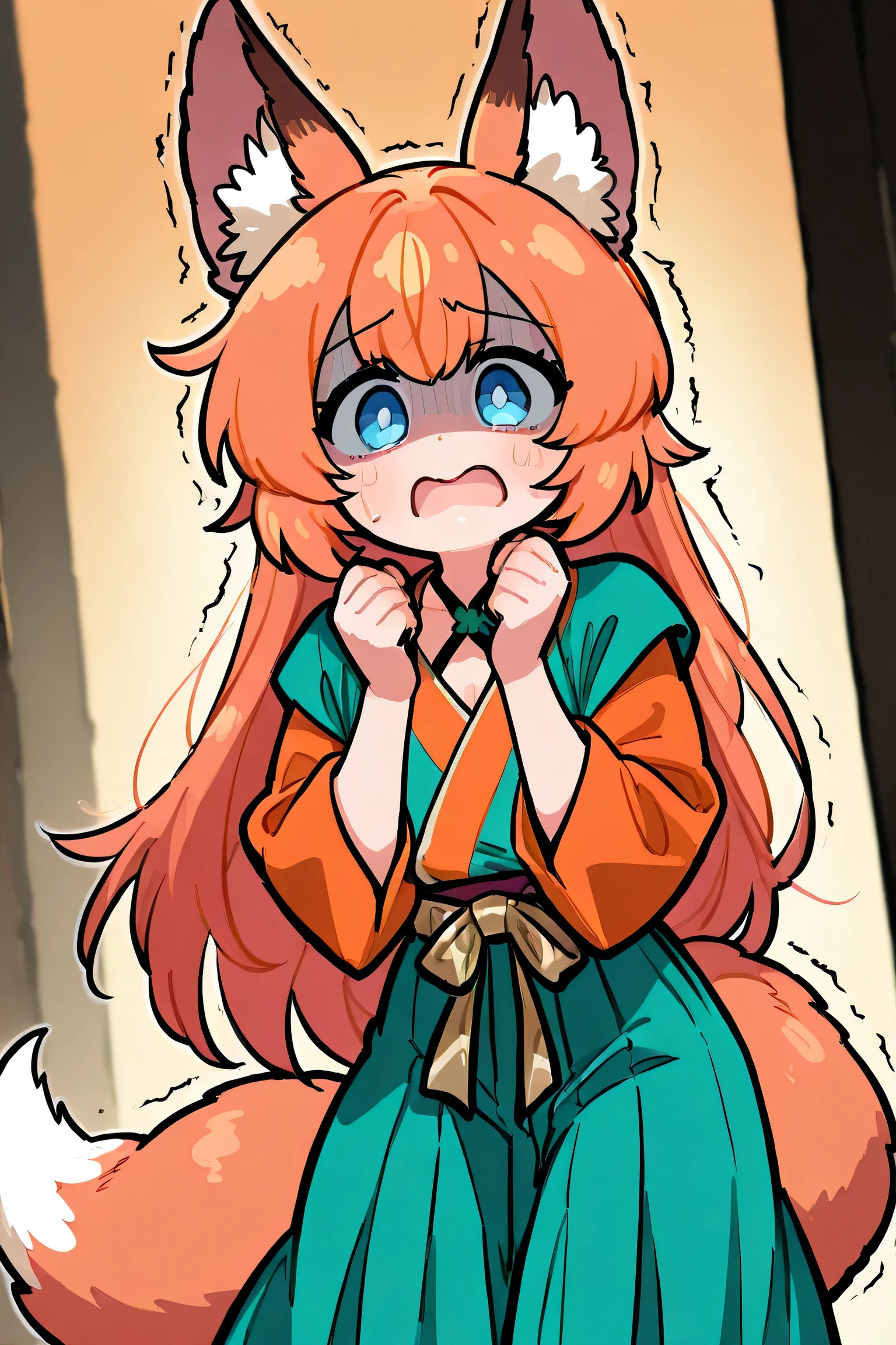 female, orange-bronze hair and blue eyes with 4-point stars in them, wearing orange and blue clothes, fox ears and tail, scared