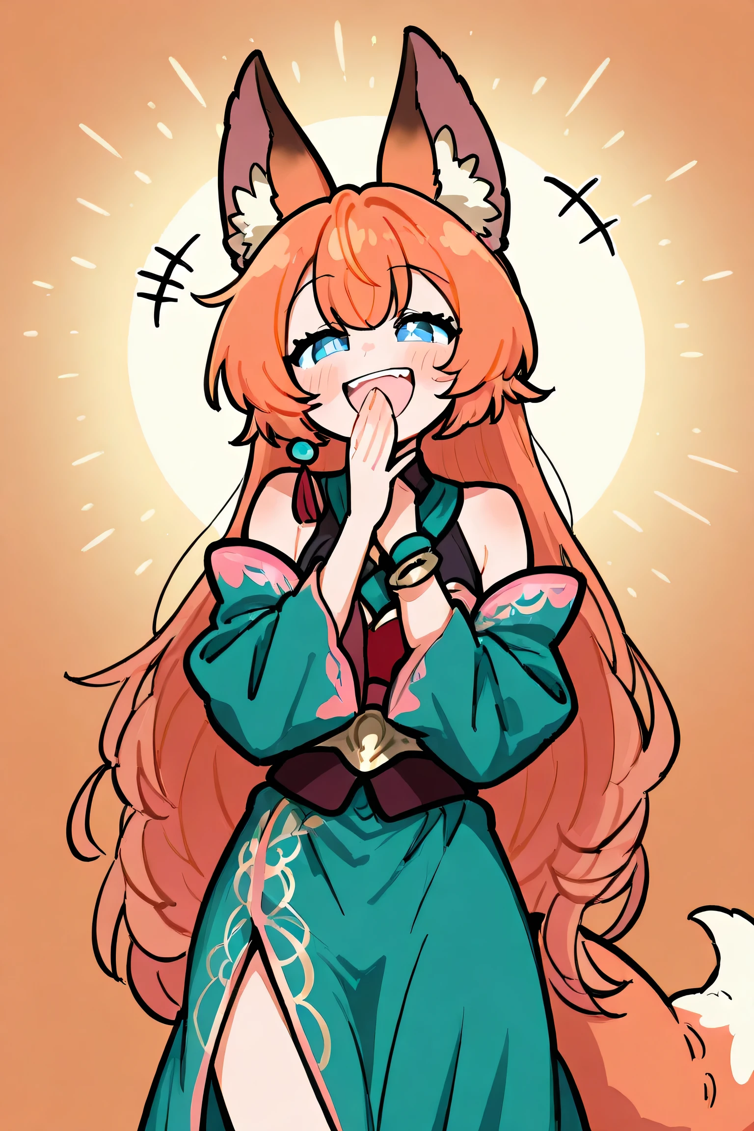 female, orange-bronze hair and blue eyes with 4-point stars in them, wearing orange and blue clothes, fox ears and tail, laughing