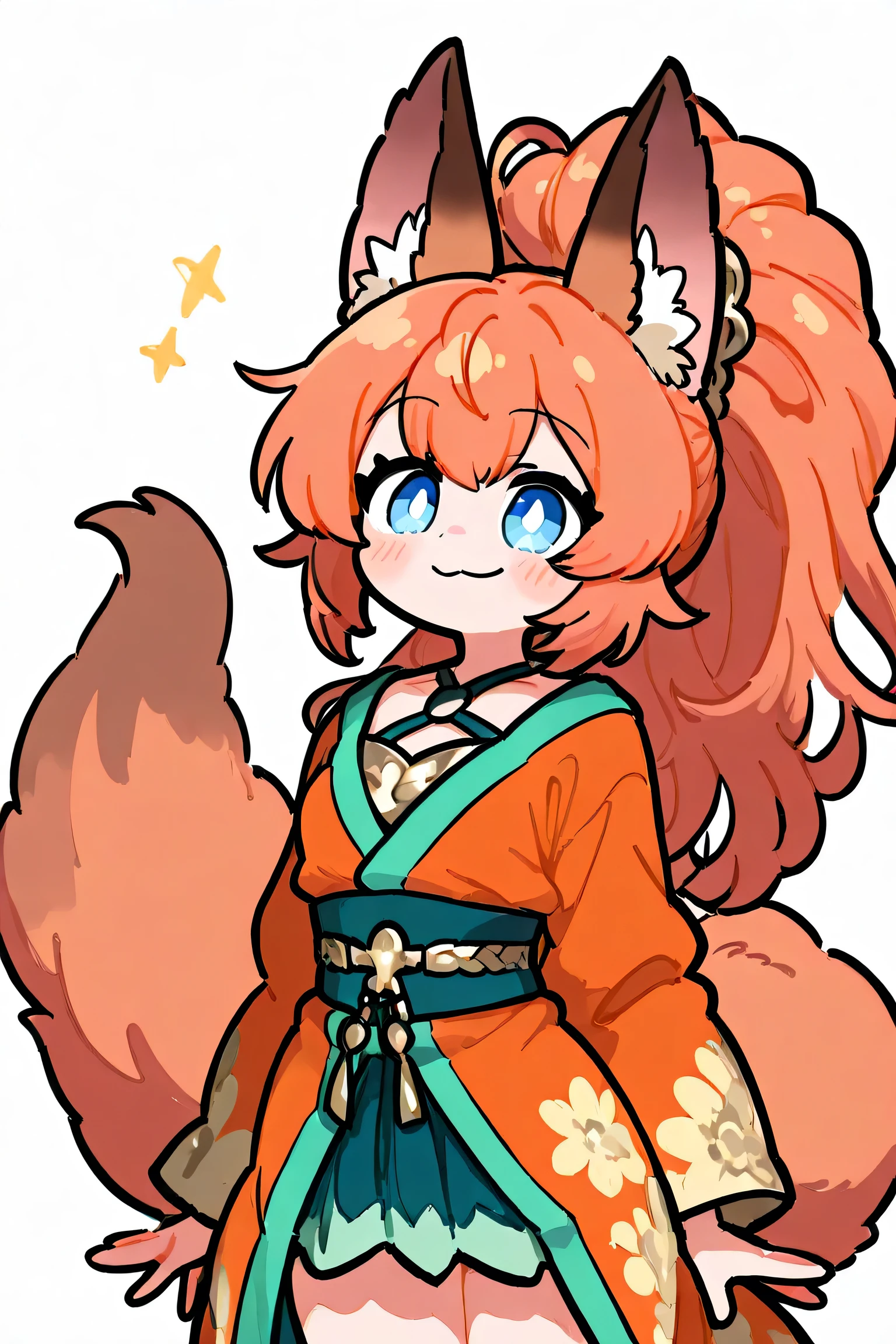 female, orange-bronze hair and blue eyes with 4-point stars in them, wearing orange and blue clothes, fox ears and tail, smiling