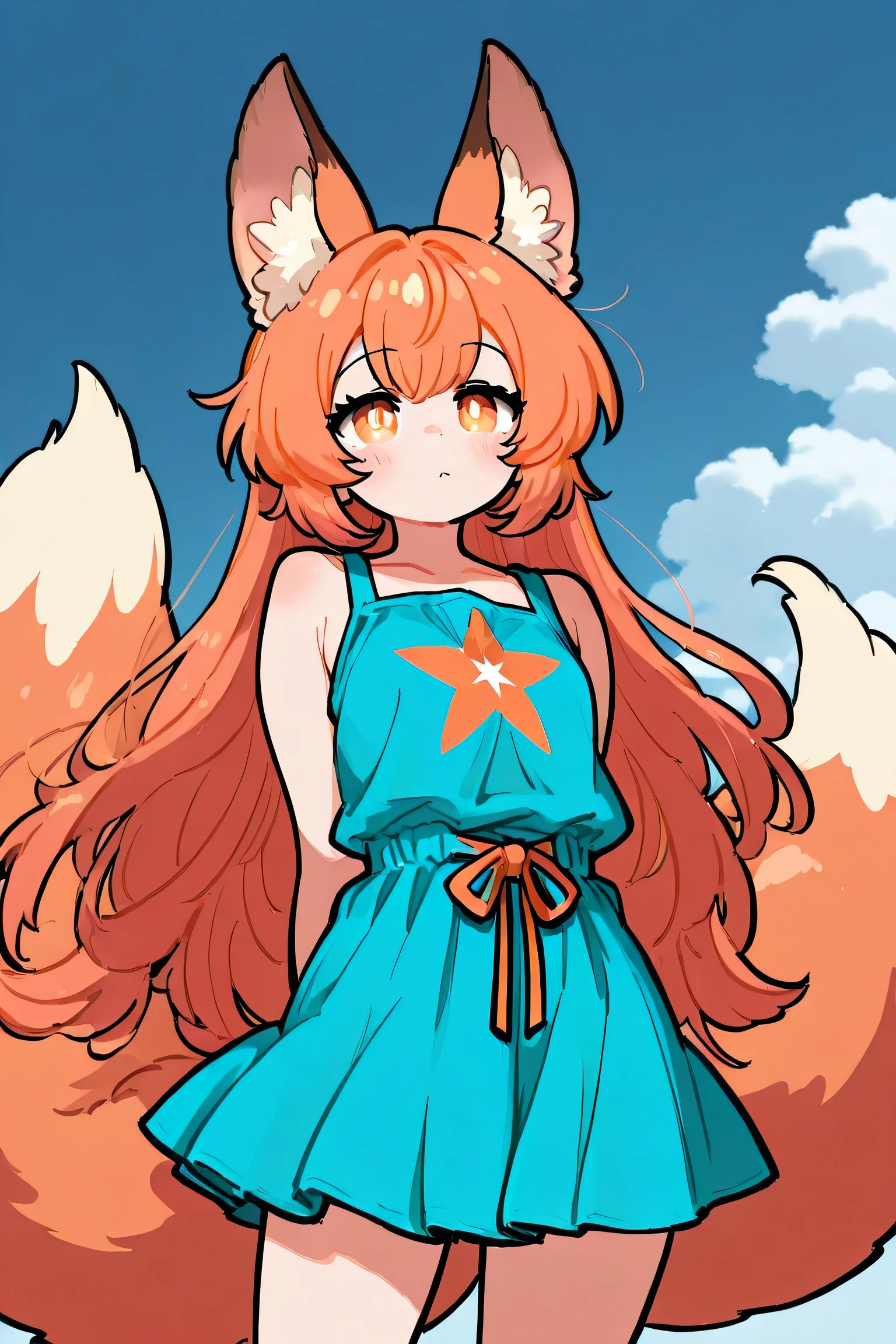 female, orange-bronze hair and orange eyes with 4-point stars in them, wearing orange and blue clothes, fox ears and tail