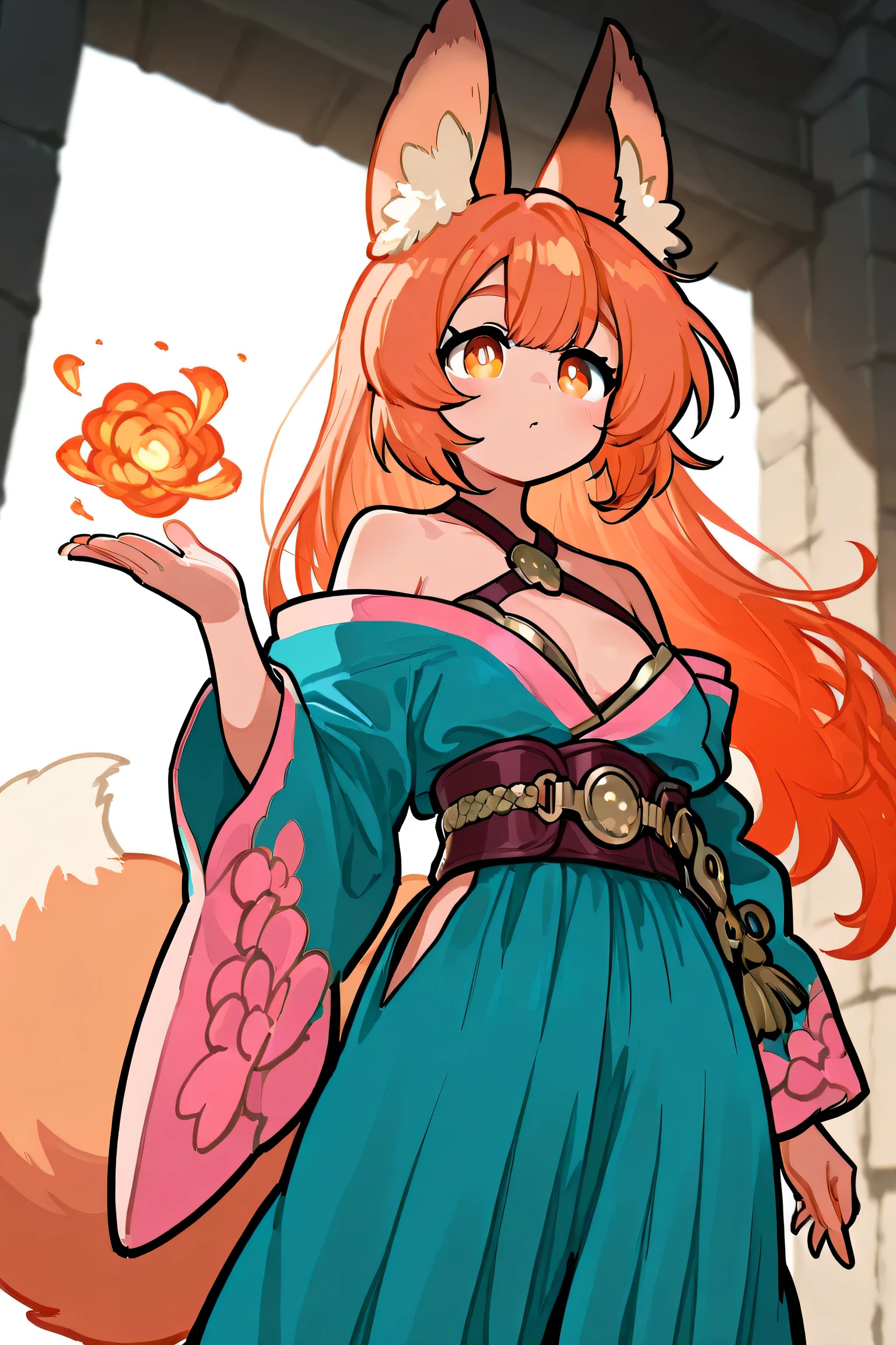 female, orange-bronze hair and orange eyes with 4-point stars in them, wearing orange and blue clothes, fox ears and tail