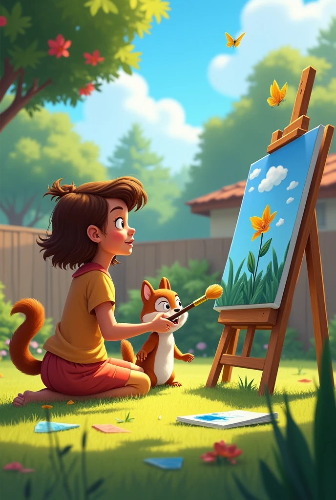 3d pixar style animation, 18 year old girl, artist, white skin, light brown hair, painting a landscape on a canvas, surrounded by kittens in the room, with an aquarium with koi