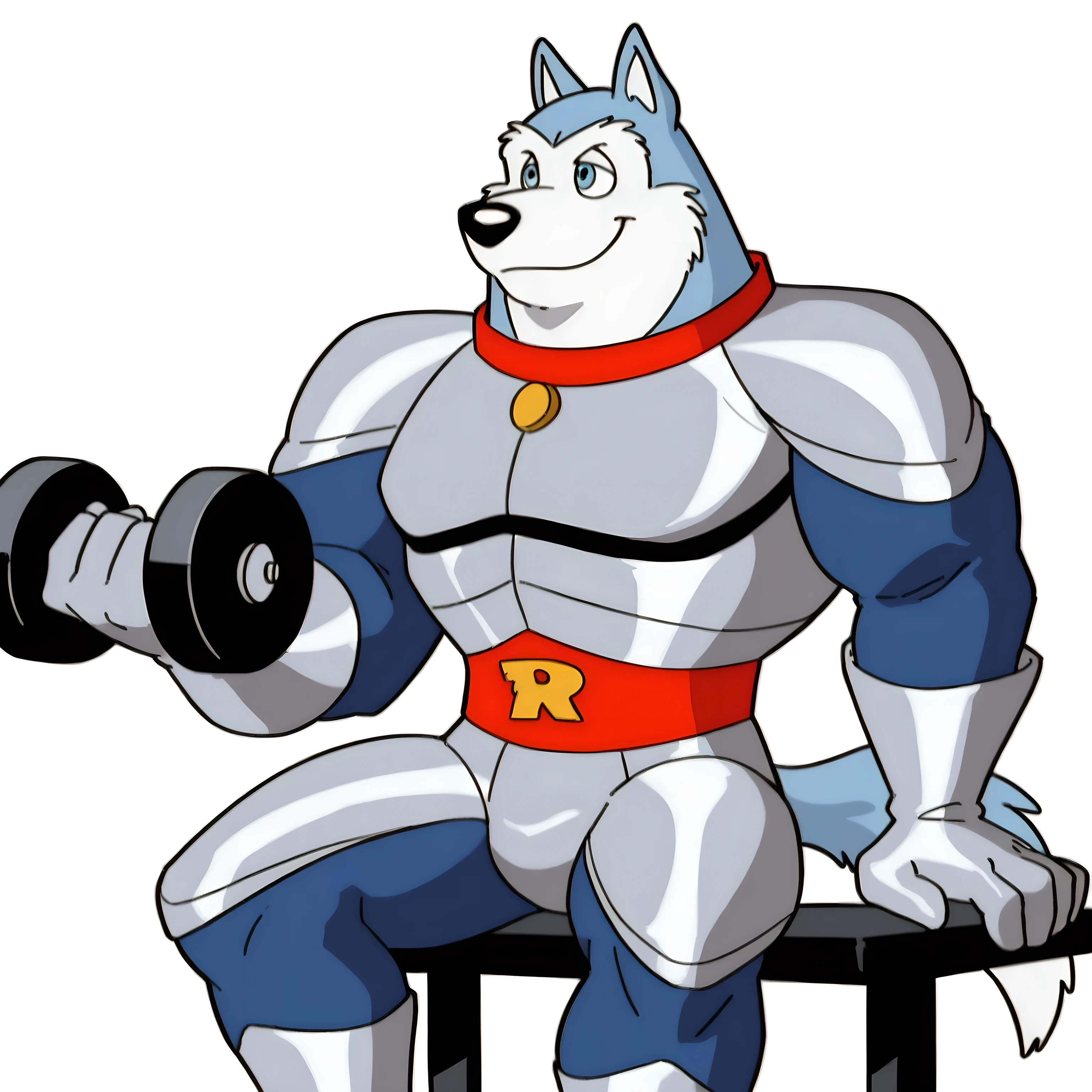 Exile (Road Rovers), high quality, blue fur, white fur, anthro dog, solo, male, red collar, blue eyes, smile, high quality, best resolution, silver uniform, silver gloves, red waist, white background, simple background, holding dumbbell, workout, lifting weights, thick arms, sitting on workout bench