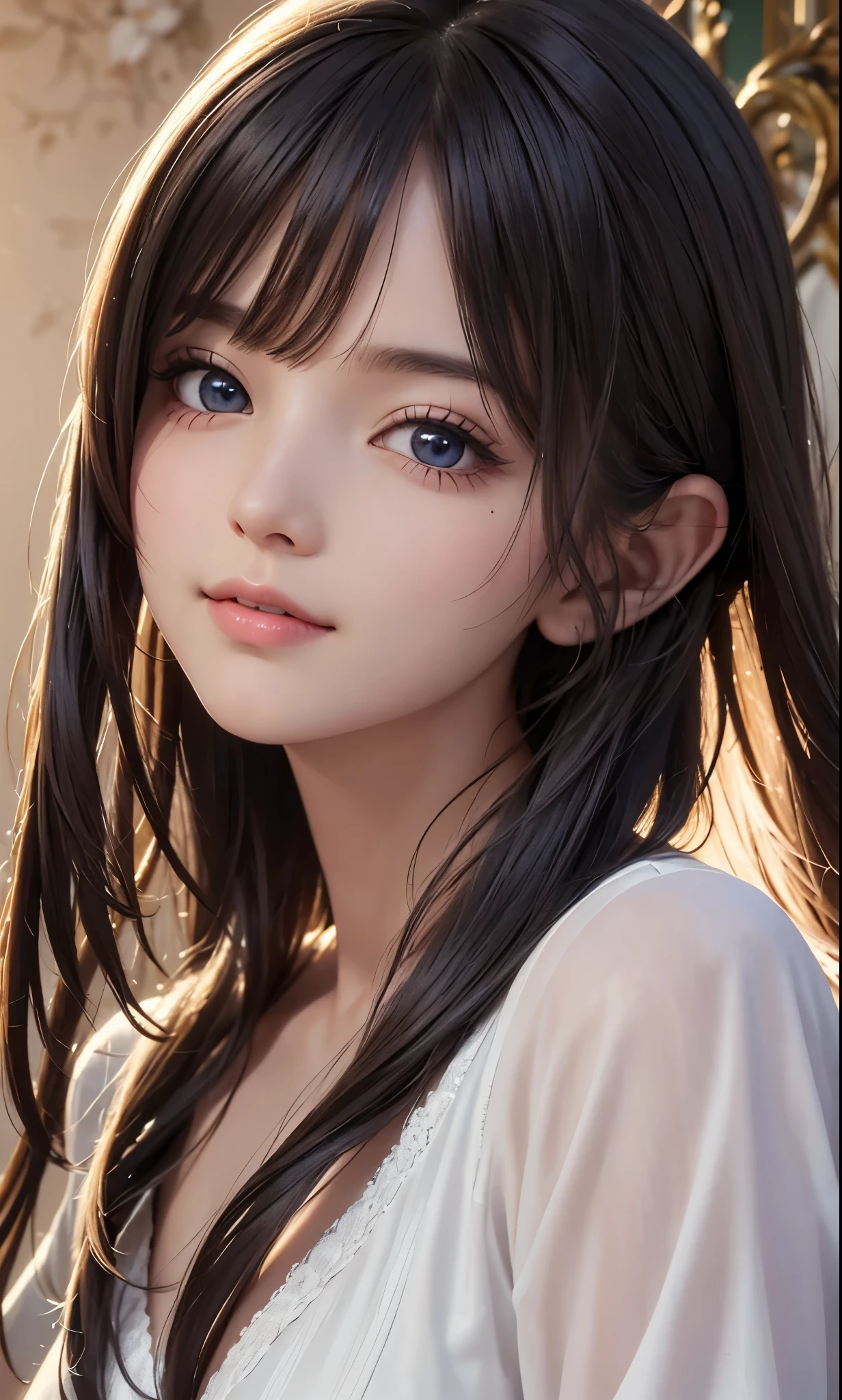 (Ultra Realistic), (Illustration), (Increased Resolution), (8K), (Extremely Detailed), (Best Illustration), (Beautiful and Detailed Eyes), (Best Quality), (Ultra Detailed), (Masterpiece ), ( wallpaper), (detailed face), solo, 1 girl, looking at viewer, fine details, detailed face, in the dark, deep shadows, low key, pureerosfaceace_v1, smiling, long hair, black shawl straight hair , 46 points oblique bangs