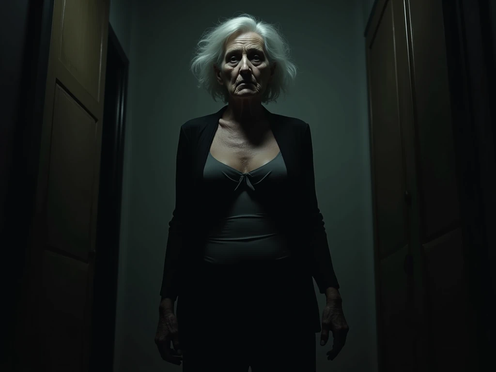 (masterpiece, Best Quality), (Ultra-realistic portrait of an old woman with a ghost:1.55, Realistic 70-year-old face, White disheveled hair:1.55, Eyes roll back:1.6, very mad face:1.75), (Exposed super-giant cleavage:1.5, Excellent slim body style, Full body shot, Kimono:1.75), (Standing in an abandoned house in the Japan:1.2, Dark atmosphere:1.5, Darkness of the night:1.5, Dark room:1.5, horror atmosphere:1.5),