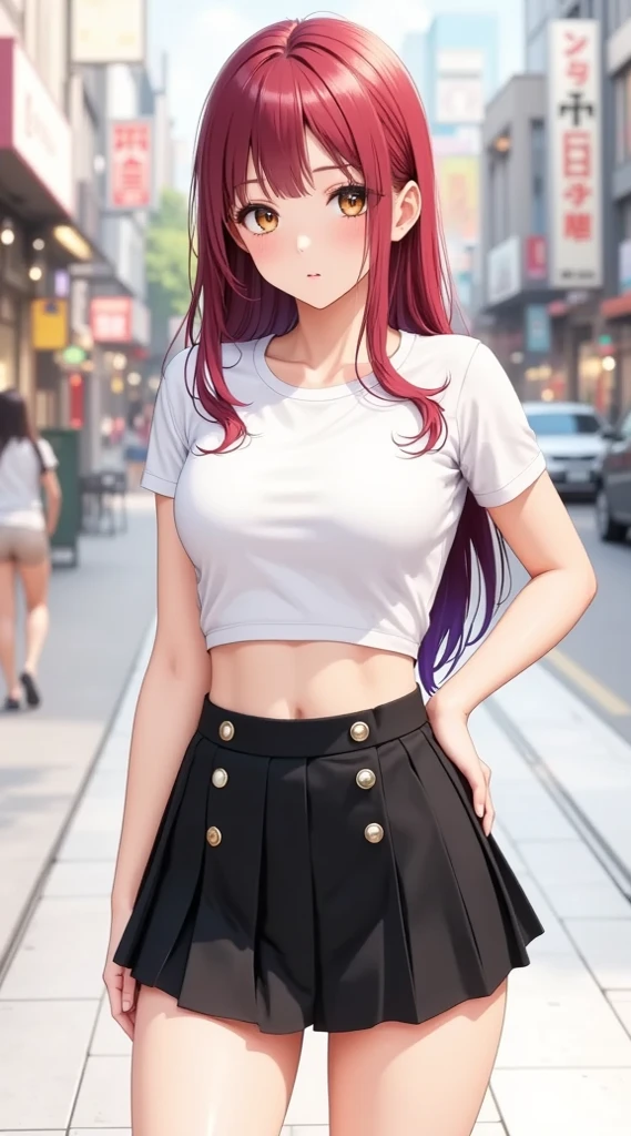 (masterpiece, computer, mejor quality, Clear focus, shadow, anime style, ultra high resolution, 8K, perfect anatomy, perfect face man, (detailed face), ( Detailed eye ), score_9, score_8_arriba, score_7_arriba, score_6_arriba, score_5_arriba, score_4_arriba, source _ animated, Label 1, Label2, quality_masterpiece, Anatomically correct, beautiful face, perfect face man, Beautiful and highly detailed face and eyes, attractive face, detailed face, delicate facial features, detailed skin, huge breasts, wide hips, gigantic butt lingerie, thick thighs. Anime girl with long hair , And of intense reddish color with a soft gradient to a dark purple tone at the tips. Her bangs partially cover her eyes and her expression is sweet and serene. She has large golden brown eyes and slightly flushed cheeks. She wears a short white t-shirt, tight to the body , with a simple design and round neck with subtle decorative border. She wears a short black pleated skirt with buttons on the front. The scene is set on a modern urban street with commercial buildings, urban signage and cars in the background. The lighting is natural and soft, suggesting a partly cloudy day. The lighting is soft and natural, with detailed shading and vibrant colors typical of the anime.