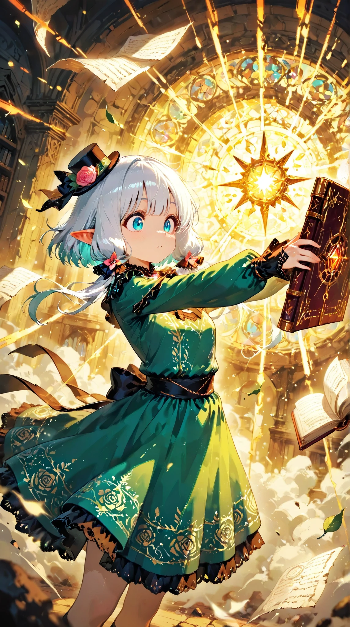 score_9, score_8_up, score_7_up, UHD, Masterpiece, amazing quality, very aesthetic, absurdres, ultra-detailed, BREAK, (ancient grand library with countless bookshelves stretching to infinity, soft candlelight illumination, dust particles floating in light beams, mystical atmosphere), BREAK, 1girl\solo\(hamuko-chan, elf, silver bob cut,  mini hat\pink rose\lace, Intricate:1.3\Green leaf dress\frill, lace), (expressions of awe and shock, reaching out toward a magical grimoire,), the grimoire rests on an ornate stone pedestal, emitting blindingly brilliant rays of magical light, ancient runes carved into the pedestal glowing with arcane energy, book pages violently turning by themselves in a maelstrom of wind and luminous magic, ethereal energy swirling around the book, pages covered with glowing magical symbols and ancient text, BREAK, (dramatic lighting, golden hour illumination mixed with magical blue and purple hues, volumetric light beams cutting through library's darkness, intricate detailed shadows, dynamic composition with strong focal point on the grimoire and the elf's face, magical particles and light motes in the air, depth of field effect,), BREAK, BREAK, BREAK, dynamic angle:1.5, panorama:1.2, cinematic:1.3, atmosphere of discovery and wonder, illustrious art style, cinematic and immersive scene, low angle, dutch angle:1.2, upper body:1.1