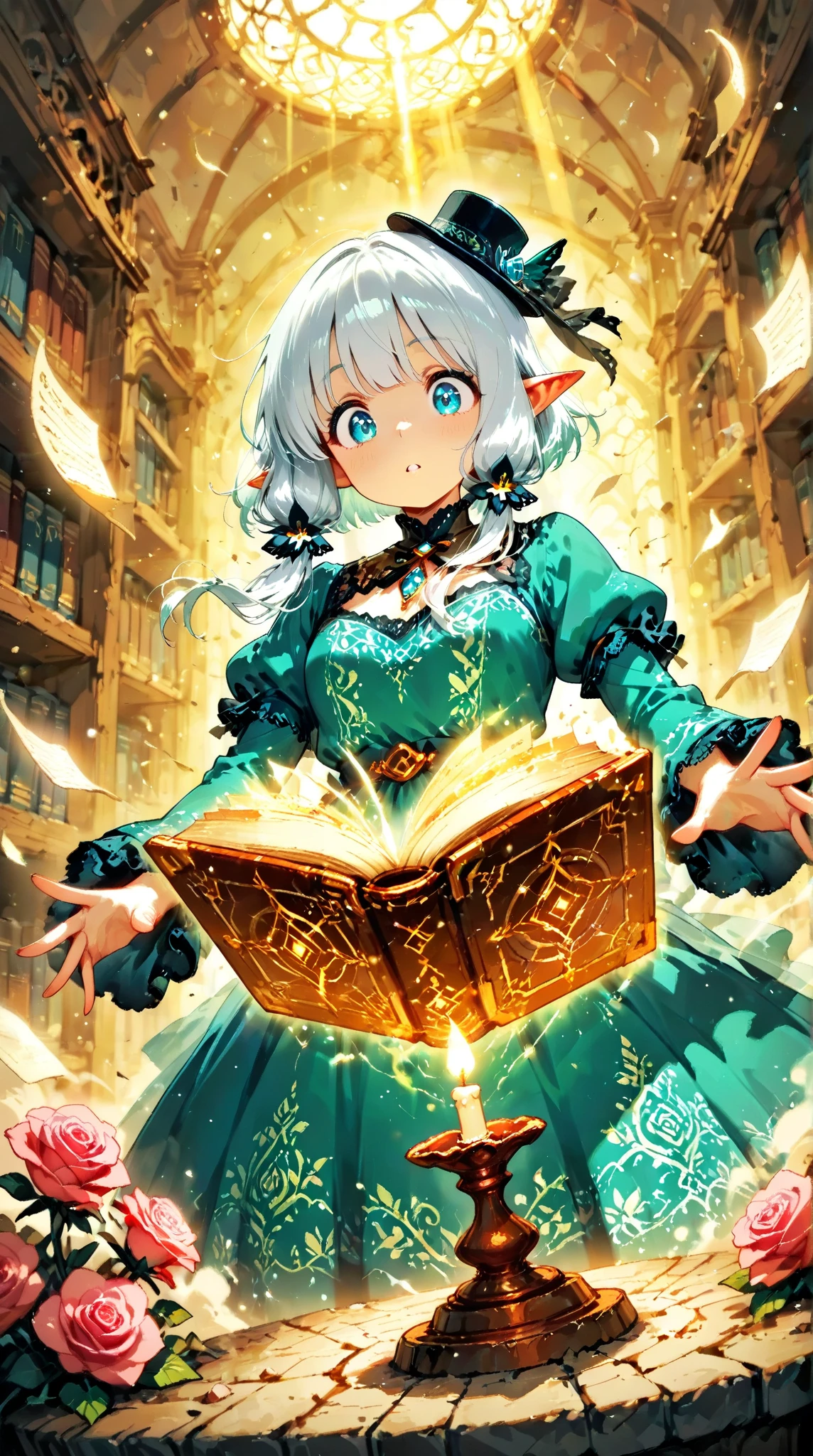 score_9, score_8_up, score_7_up, UHD, Masterpiece, amazing quality, very aesthetic, absurdres, ultra-detailed, BREAK, (ancient grand library with countless bookshelves stretching to infinity, soft candlelight illumination, dust particles floating in light beams, mystical atmosphere), BREAK, 1girl\solo\(hamuko-chan, elf, silver bob cut,  mini hat\pink rose\lace, Intricate:1.3\Green leaf dress\frill, lace), (expressions of awe and shock, reaching out toward a magical grimoire,), the grimoire rests on an ornate stone pedestal, emitting blindingly brilliant rays of magical light, ancient runes carved into the pedestal glowing with arcane energy, book pages violently turning by themselves in a maelstrom of wind and luminous magic, ethereal energy swirling around the book, pages covered with glowing magical symbols and ancient text, BREAK, (dramatic lighting, golden hour illumination mixed with magical blue and purple hues, volumetric light beams cutting through library's darkness, intricate detailed shadows, dynamic composition with strong focal point on the grimoire and the elf's face, magical particles and light motes in the air, depth of field effect,), BREAK, BREAK, BREAK, dynamic angle:1.5, panorama:1.2, cinematic:1.3, atmosphere of discovery and wonder, illustrious art style, cinematic and immersive scene, low angle, dutch angle:1.2, upper body:1.1