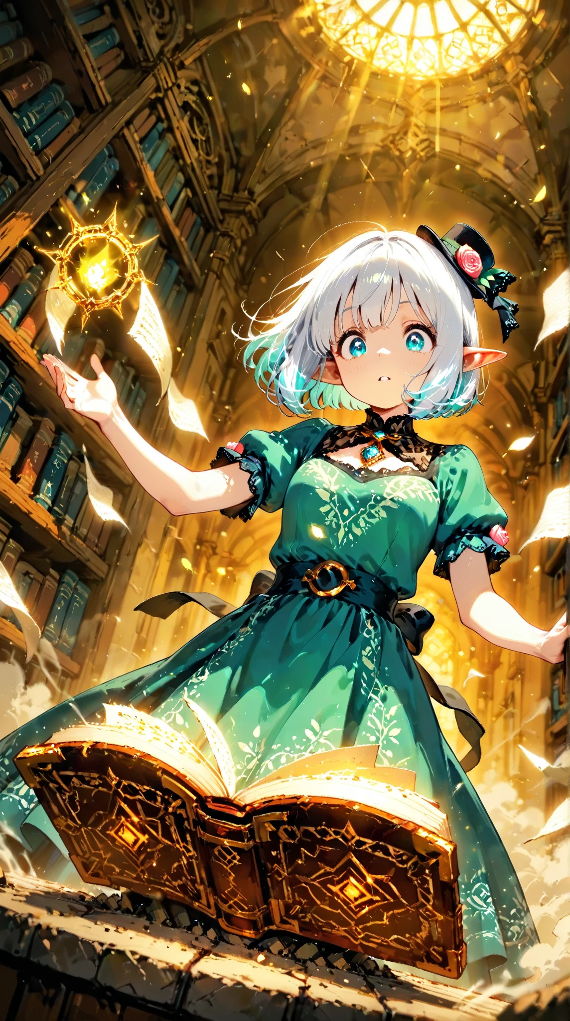 score_9, score_8_up, score_7_up, UHD, Masterpiece, amazing quality, very aesthetic, absurdres, ultra-detailed, BREAK, (ancient grand library with countless bookshelves stretching to infinity, soft candlelight illumination, dust particles floating in light beams, mystical atmosphere), BREAK, 1girl\solo\(hamuko-chan, elf, silver bob cut,  mini hat\pink rose\lace, Intricate:1.3\Green leaf dress\frill, lace), (expressions of awe and shock, reaching out toward a magical grimoire,), the grimoire rests on an ornate stone pedestal, emitting blindingly brilliant rays of magical light, ancient runes carved into the pedestal glowing with arcane energy, book pages violently turning by themselves in a maelstrom of wind and luminous magic, ethereal energy swirling around the book, pages covered with glowing magical symbols and ancient text, BREAK, (dramatic lighting, golden hour illumination mixed with magical blue and purple hues, volumetric light beams cutting through library's darkness, intricate detailed shadows, dynamic composition with strong focal point on the grimoire and the elf's face, magical particles and light motes in the air, depth of field effect,), BREAK, BREAK, BREAK, dynamic angle:1.5, panorama:1.2, cinematic:1.3, atmosphere of discovery and wonder, illustrious art style, cinematic and immersive scene, low angle, dutch angle:1.2, upper body:1.1