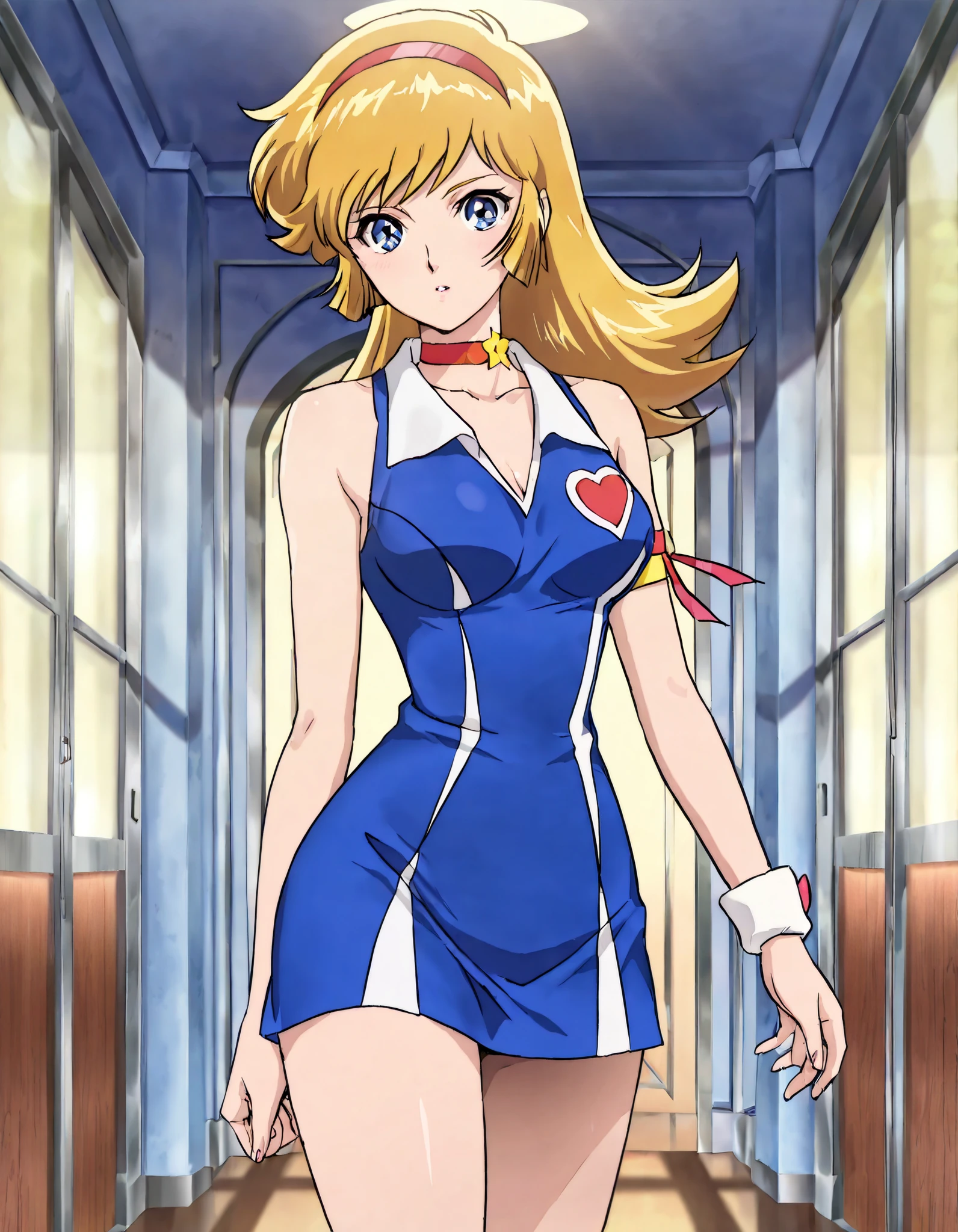 (((Masterpiece))), (((Best Quality))), ((Super Detail)), ultra-High resolution, score_9, score_8_up, score_7_up, score_6_up, score_5_up, score_4_up, BREAK, source_anime, anime screencap, Masterpiece, (best shadow), (absurdres), (detailed background), (very aesthetic), shiny, detailed beautiful eyes, outstanding, countershading, detailed soft lighting, an exquisite animation illustration, curvy, (1female, kisaragi honey \(cutie honey\), blonde hair, long hair, blue eyes, swept bangs, hairband, choker, dress, blue dress, collared dress, sleeveless, sleeveless dress, collarbone, armband),