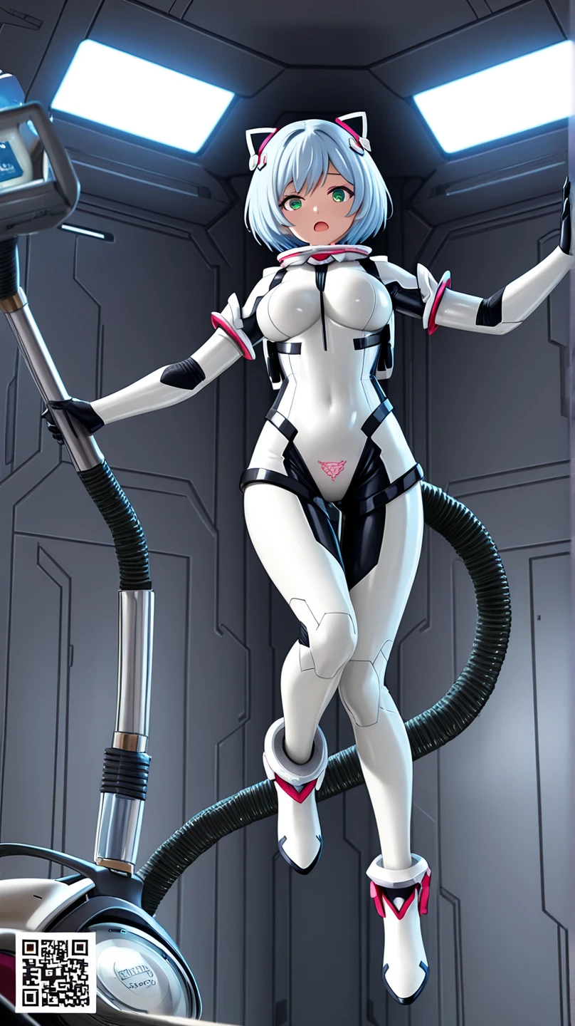 (plasticmodel:1.1) 1 girl, magical girl, mechanical arm, white hair, pink dress, black hem, detailed face, pink eyes, cowboy shot, holding a gun, in a (bathroom), (toilet in background), shallow depth of field, bokeh