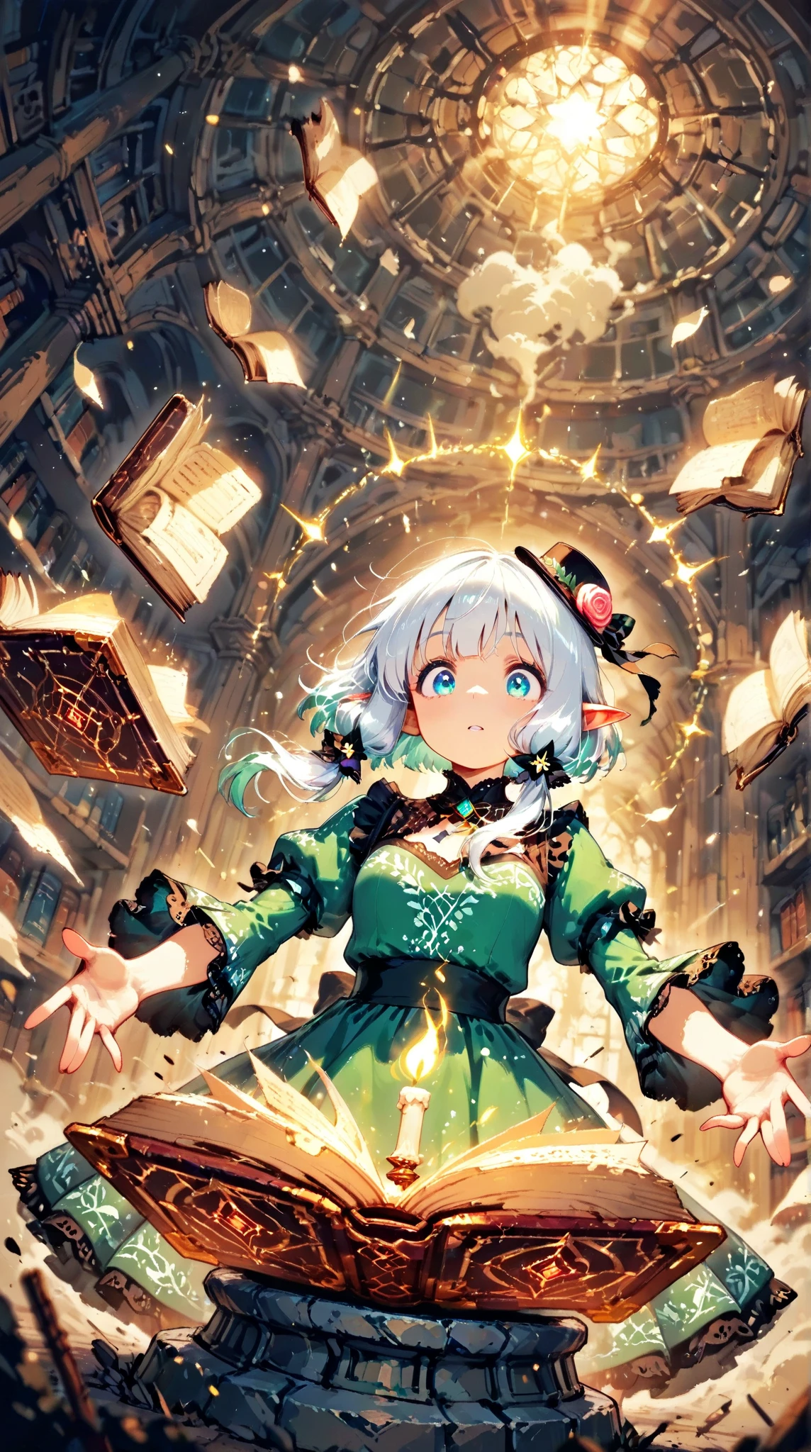 score_9, score_8_up, score_7_up, UHD, Masterpiece, amazing quality, very aesthetic, absurdres, ultra-detailed, BREAK, (ancient grand library with countless bookshelves stretching to infinity, soft candlelight illumination, dust particles floating in light beams, mystical atmosphere), BREAK, 1girl\solo\(hamuko-chan, elf, silver bob cut,  mini hat\pink rose\lace, Intricate:1.3\Green leaf dress\frill, lace), (expressions of awe and shock, reaching out toward a magical grimoire,), the grimoire rests on an ornate stone pedestal, emitting blindingly brilliant rays of magical light, ancient runes carved into the pedestal glowing with arcane energy, book pages violently turning by themselves in a maelstrom of wind and luminous magic, ethereal energy swirling around the book, pages covered with glowing magical symbols and ancient text, BREAK, (dramatic lighting, golden hour illumination mixed with magical blue and purple hues, volumetric light beams cutting through library's darkness, intricate detailed shadows, dynamic composition with strong focal point on the grimoire and the elf's face, magical particles and light motes in the air, depth of field effect,), BREAK, BREAK, BREAK, dynamic angle:1.5, panorama:1.2, cinematic:1.3, atmosphere of discovery and wonder, illustrious art style, cinematic and immersive scene, low angle, dutch angle:1.2, upper body:1.1