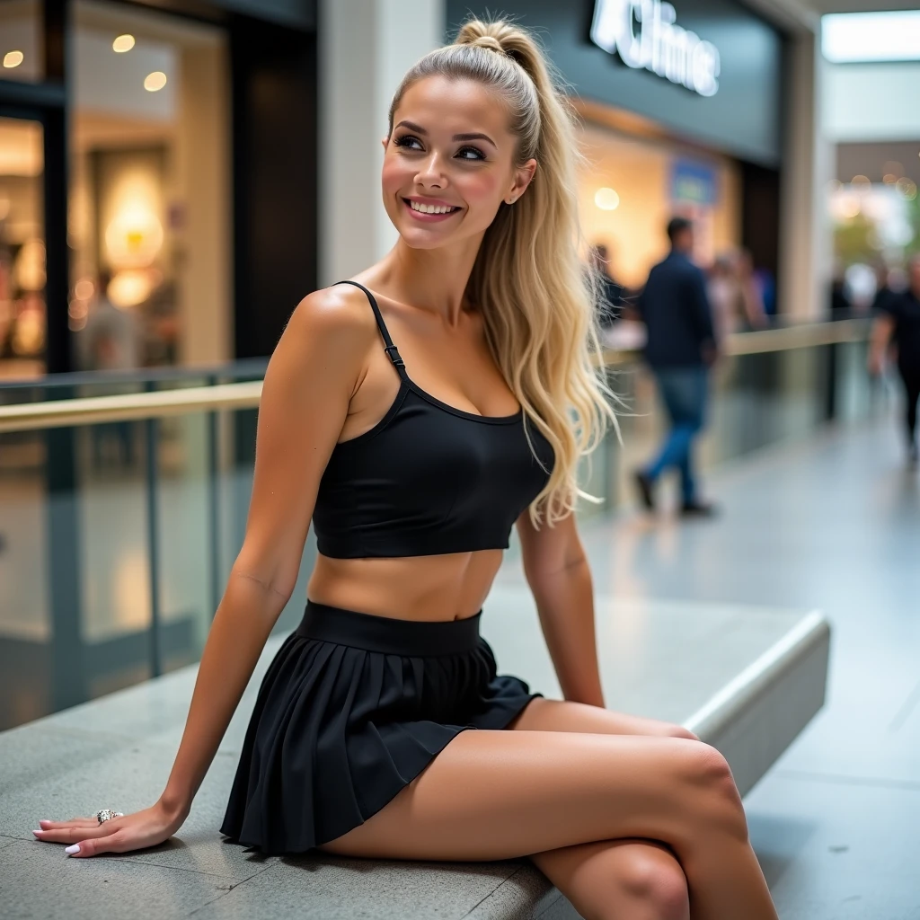 Stunning blonde in a sleek black crop top with thin straps and a matching pleated , paired with elegant black women's sandals. Her hair is styled in a high ponytail, enhancing her radiant beauty. She sits gracefully on a bench inside a modern mall in Toronto, exuding effortless charm and confidence. pose.