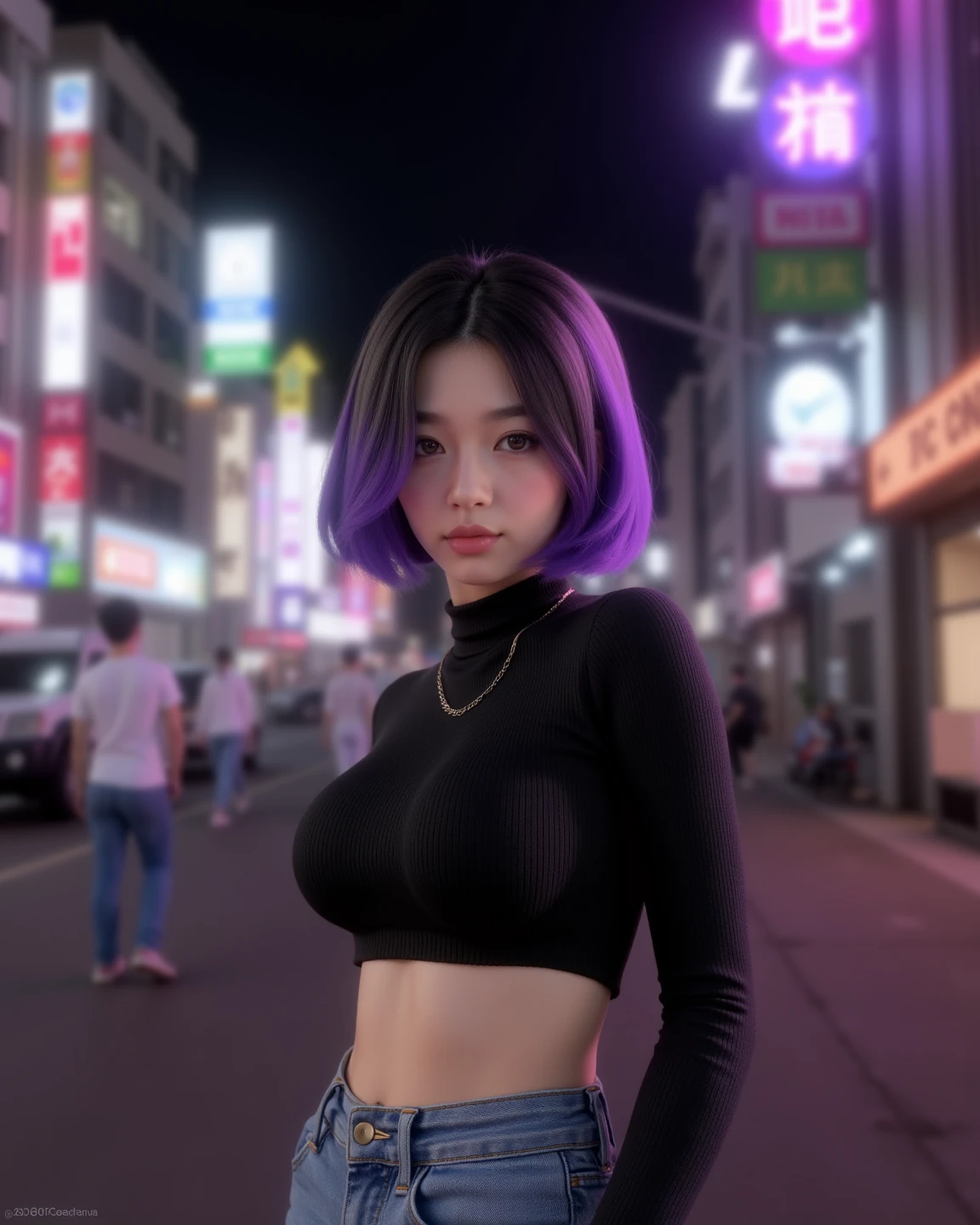 1 girl, best qualityer, work of art, high resolution, [purple|switches|Unripe] _body hair, black miniskirt, body hair accessory, necklase, jewerly, beautiful  face, anxiously waiting, full body view, realisitic, open air, modern square, two tone lighting, (high detail skin: 1.2), 8k UHD, dslr, smooth light, high qualiy, Volumetric Light, candid, photoshot, high resolution, 4K, 8k, background blur
