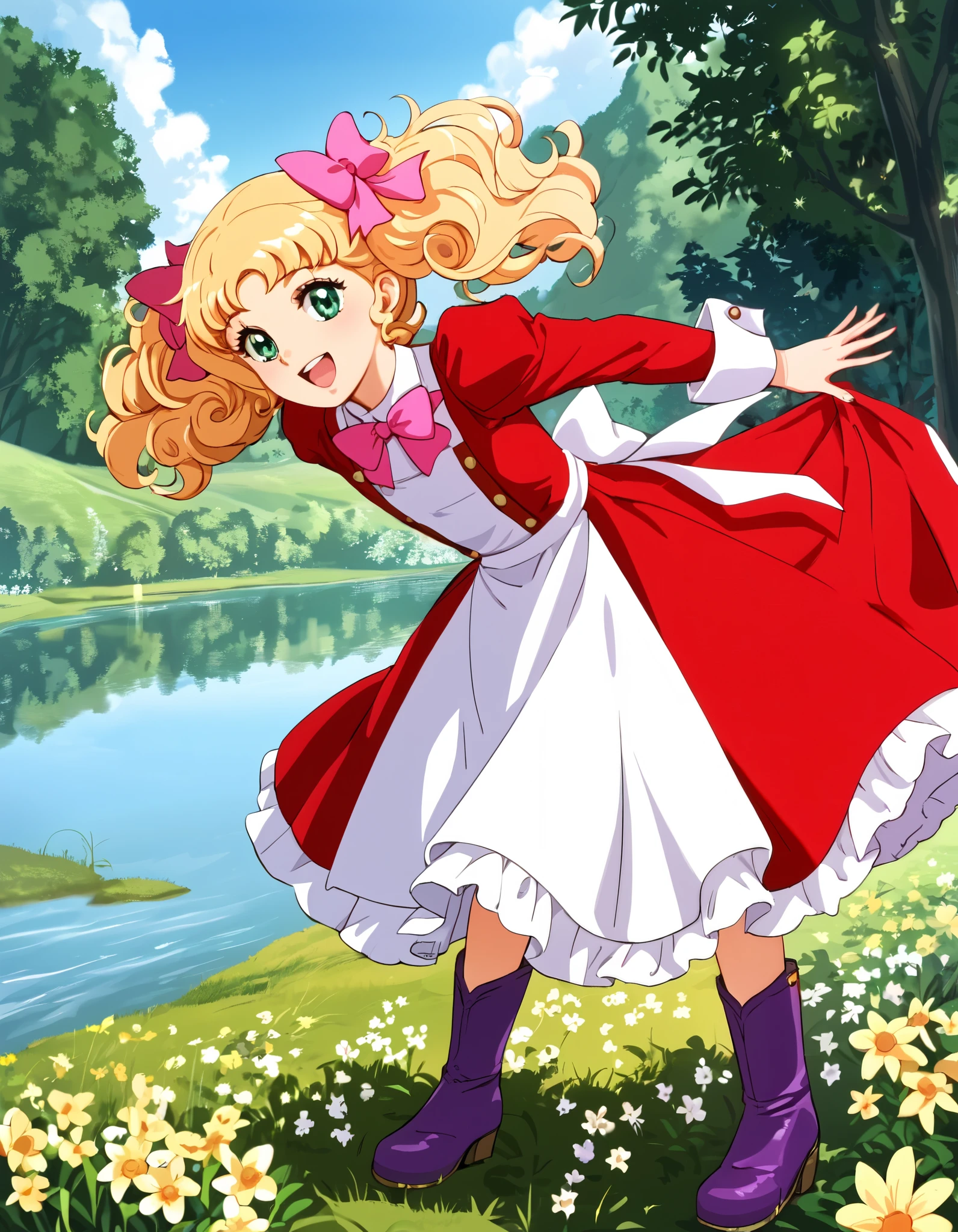 (((Masterpiece))), (((Best Quality))), ((Super Detail)), ultra-High resolution, score_9, score_8_up, score_7_up, score_6_up, score_5_up, score_4_up, BREAK, source_anime, anime screencap, uncensored, rating_explicit, Masterpiece, (best shadow), (absurdres), (detailed background), (very aesthetic), shiny, detailed beautiful eyes, outstanding, countershading, detailed soft lighting, an exquisite animation illustration, curvy, Candy_Candy, green eyes, hair curled, blonde hair, large twintail, bow, hair bow, pink bowtie, boots, purple boots, (tall shoes), red hair bow, red dress, long skirt, white trim, smile, happy, flower field, sun, grassland, river, flower, trees, house,