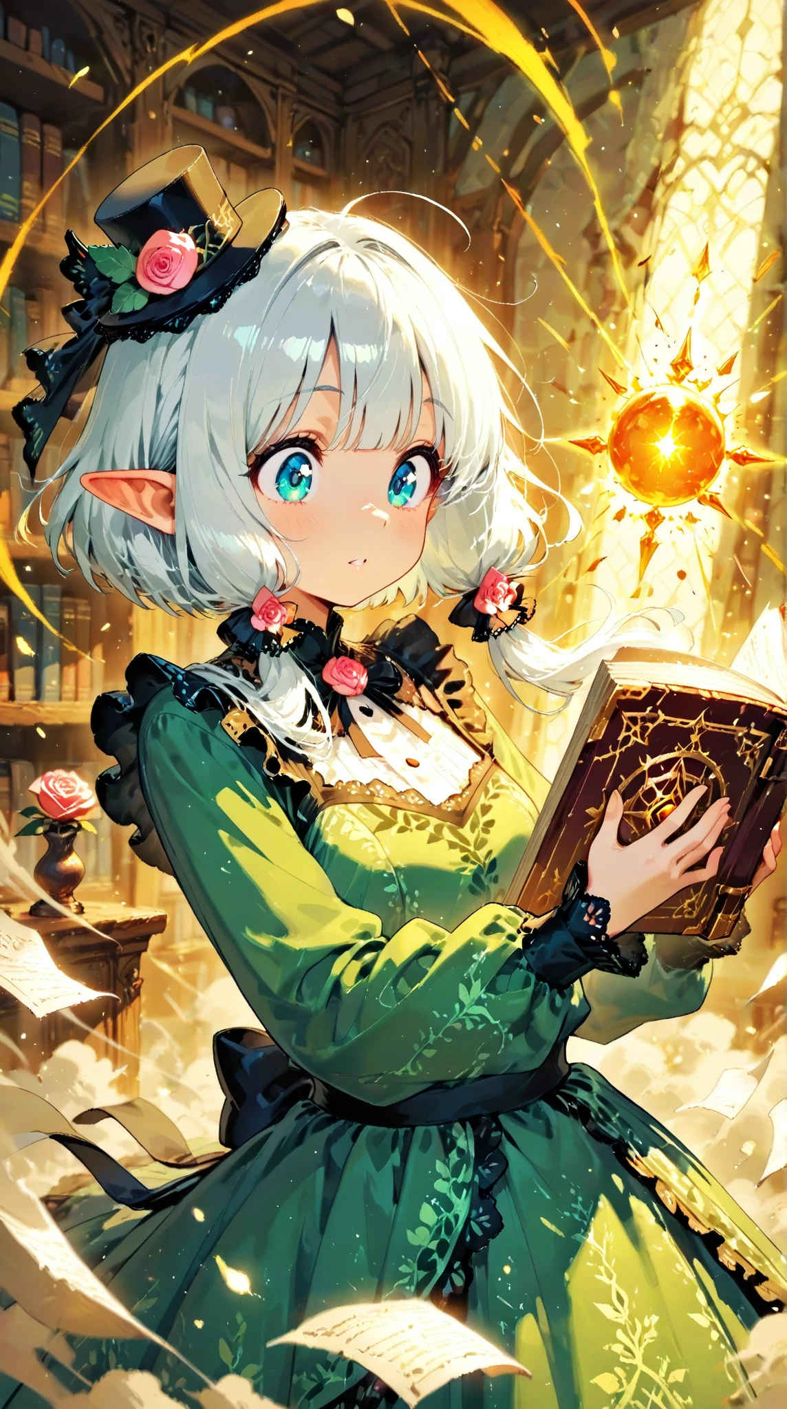 score_9, score_8_up, score_7_up, UHD, Masterpiece, amazing quality, very aesthetic, absurdres, ultra-detailed, BREAK, (ancient grand library with countless bookshelves stretching to infinity, soft candlelight illumination, dust particles floating in light beams, mystical atmosphere), BREAK, 1girl\solo\(hamuko-chan, elf, silver bob cut,  mini hat\pink rose\lace, Intricate:1.3\Green leaf dress\frill, lace), (expressions of awe and shock, reaching out toward a magical grimoire,), the grimoire rests on an ornate stone pedestal, emitting blindingly brilliant rays of magical light, ancient runes carved into the pedestal glowing with arcane energy, book pages violently turning by themselves in a maelstrom of wind and luminous magic, ethereal energy swirling around the book, pages covered with glowing magical symbols and ancient text, BREAK, (dramatic lighting, golden hour illumination mixed with magical blue and purple hues, volumetric light beams cutting through library's darkness, intricate detailed shadows, dynamic composition with strong focal point on the grimoire and the elf's face, magical particles and light motes in the air, depth of field effect,), BREAK, BREAK, BREAK, dynamic angle:1.5, panorama:1.2, cinematic:1.3, atmosphere of discovery and wonder, illustrious art style, cinematic and immersive scene, low angle, dutch angle:1.2, upper body:1.1