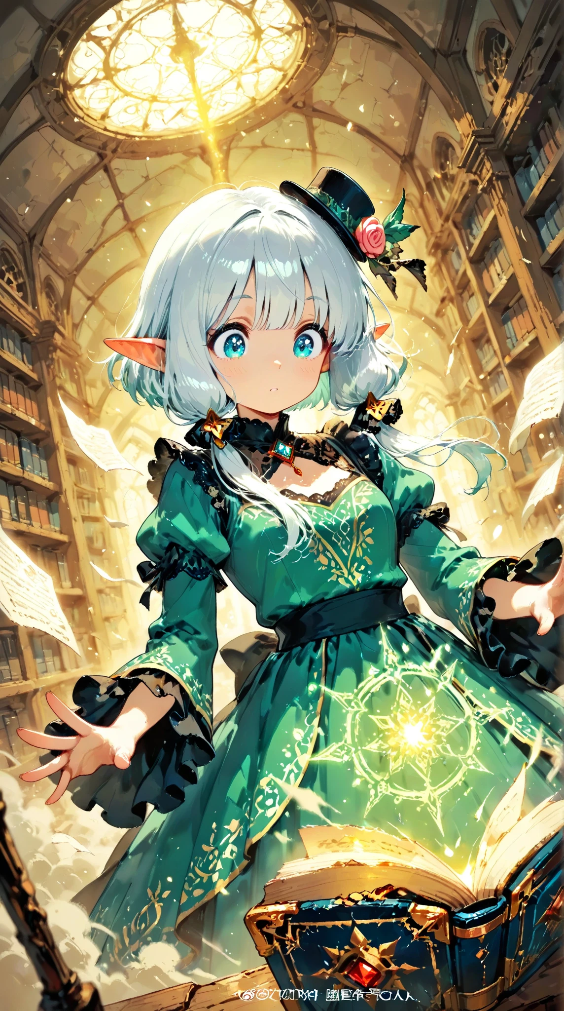 score_9, score_8_up, score_7_up, UHD, Masterpiece, amazing quality, very aesthetic, absurdres, ultra-detailed, BREAK, (ancient grand library with countless bookshelves stretching to infinity, soft candlelight illumination, dust particles floating in light beams, mystical atmosphere), BREAK, 1girl\solo\(hamuko-chan, elf, silver bob cut,  mini hat\pink rose\lace, Intricate:1.3\Green leaf dress\frill, lace), (expressions of awe and shock, reaching out toward a magical grimoire,), the grimoire rests on an ornate stone pedestal, emitting blindingly brilliant rays of magical light, ancient runes carved into the pedestal glowing with arcane energy, book pages violently turning by themselves in a maelstrom of wind and luminous magic, ethereal energy swirling around the book, pages covered with glowing magical symbols and ancient text, BREAK, (dramatic lighting, golden hour illumination mixed with magical blue and purple hues, volumetric light beams cutting through library's darkness, intricate detailed shadows, dynamic composition with strong focal point on the grimoire and the elf's face, magical particles and light motes in the air, depth of field effect,), BREAK, BREAK, BREAK, dynamic angle:1.5, panorama:1.2, cinematic:1.3, atmosphere of discovery and wonder, illustrious art style, cinematic and immersive scene, low angle, dutch angle:1.2, upper body:1.1