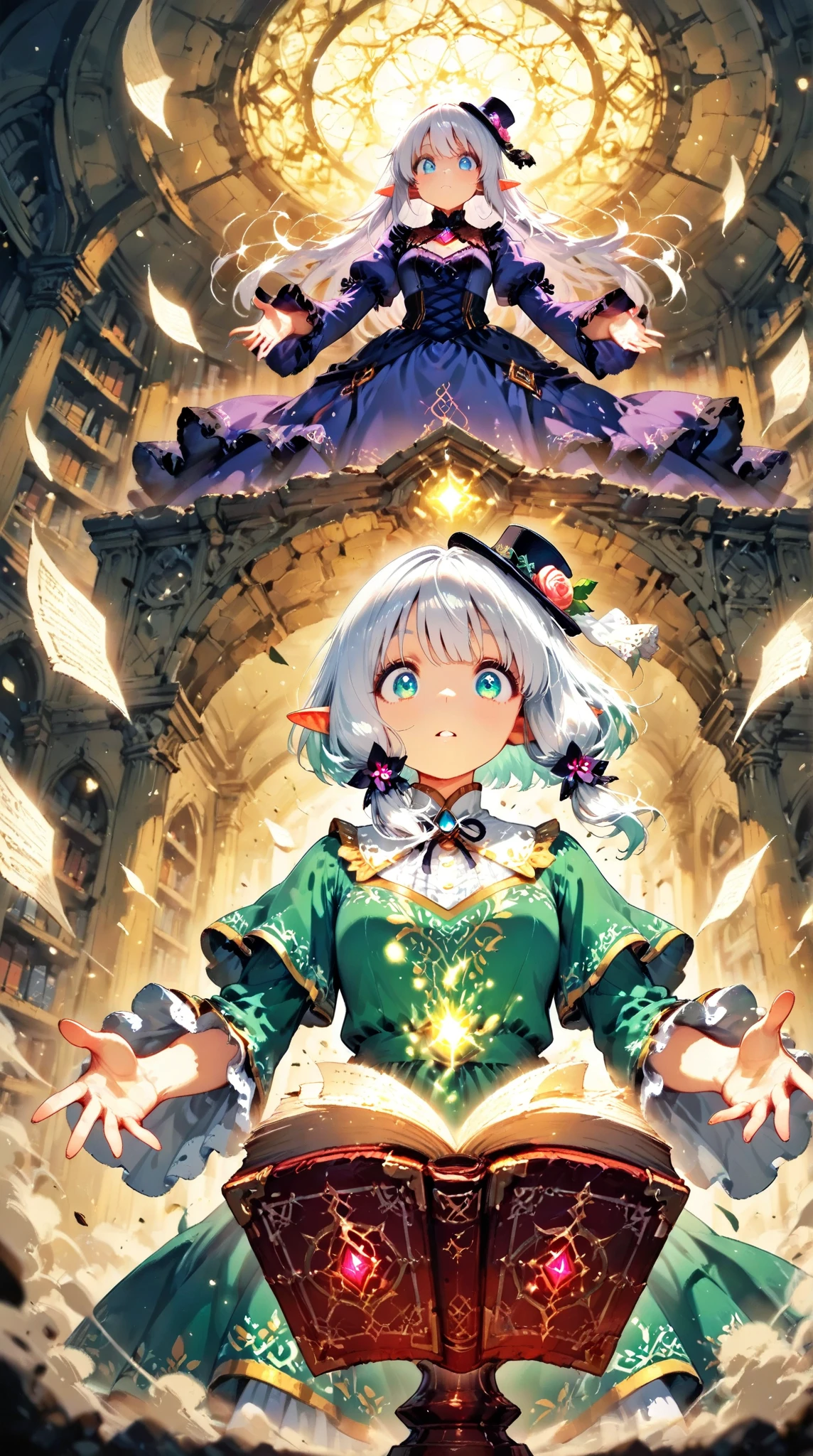 score_9, score_8_up, score_7_up, UHD, Masterpiece, amazing quality, very aesthetic, absurdres, ultra-detailed, BREAK, (ancient grand library with countless bookshelves stretching to infinity, soft candlelight illumination, dust particles floating in light beams, mystical atmosphere), BREAK, 1girl\solo\(hamuko-chan, elf, silver bob cut,  mini hat\pink rose\lace, Intricate:1.3\Green leaf dress\frill, lace), (expressions of awe and shock, reaching out toward a magical grimoire,), the grimoire rests on an ornate stone pedestal, emitting blindingly brilliant rays of magical light, ancient runes carved into the pedestal glowing with arcane energy, book pages violently turning by themselves in a maelstrom of wind and luminous magic, ethereal energy swirling around the book, pages covered with glowing magical symbols and ancient text, BREAK, (dramatic lighting, golden hour illumination mixed with magical blue and purple hues, volumetric light beams cutting through library's darkness, intricate detailed shadows, dynamic composition with strong focal point on the grimoire and the elf's face, magical particles and light motes in the air, depth of field effect,), BREAK, BREAK, BREAK, dynamic angle:1.5, panorama:1.2, cinematic:1.3, atmosphere of discovery and wonder, illustrious art style, cinematic and immersive scene, low angle, dutch angle:1.2, upper body:1.1