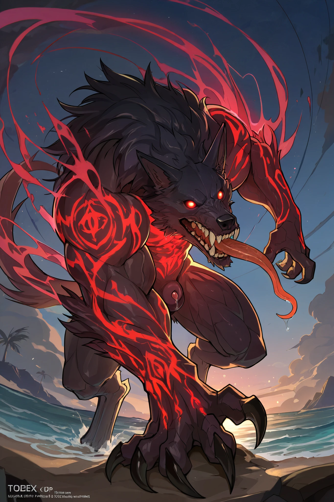 score_9, score_8_up, score_7_up, score_6_up, masterpiece, best quality, amazing quality, very aesthetic, absurdres, newest, scenery, (heartless, muscular, feral, big muscles, glowing red public tattoo), 1male, Solo, Open Mouth, long Tongue, monster werewolf, detailed eyes, beach, (sharp teeth), (by todex:), dog sheath, dog cock, dripping precum