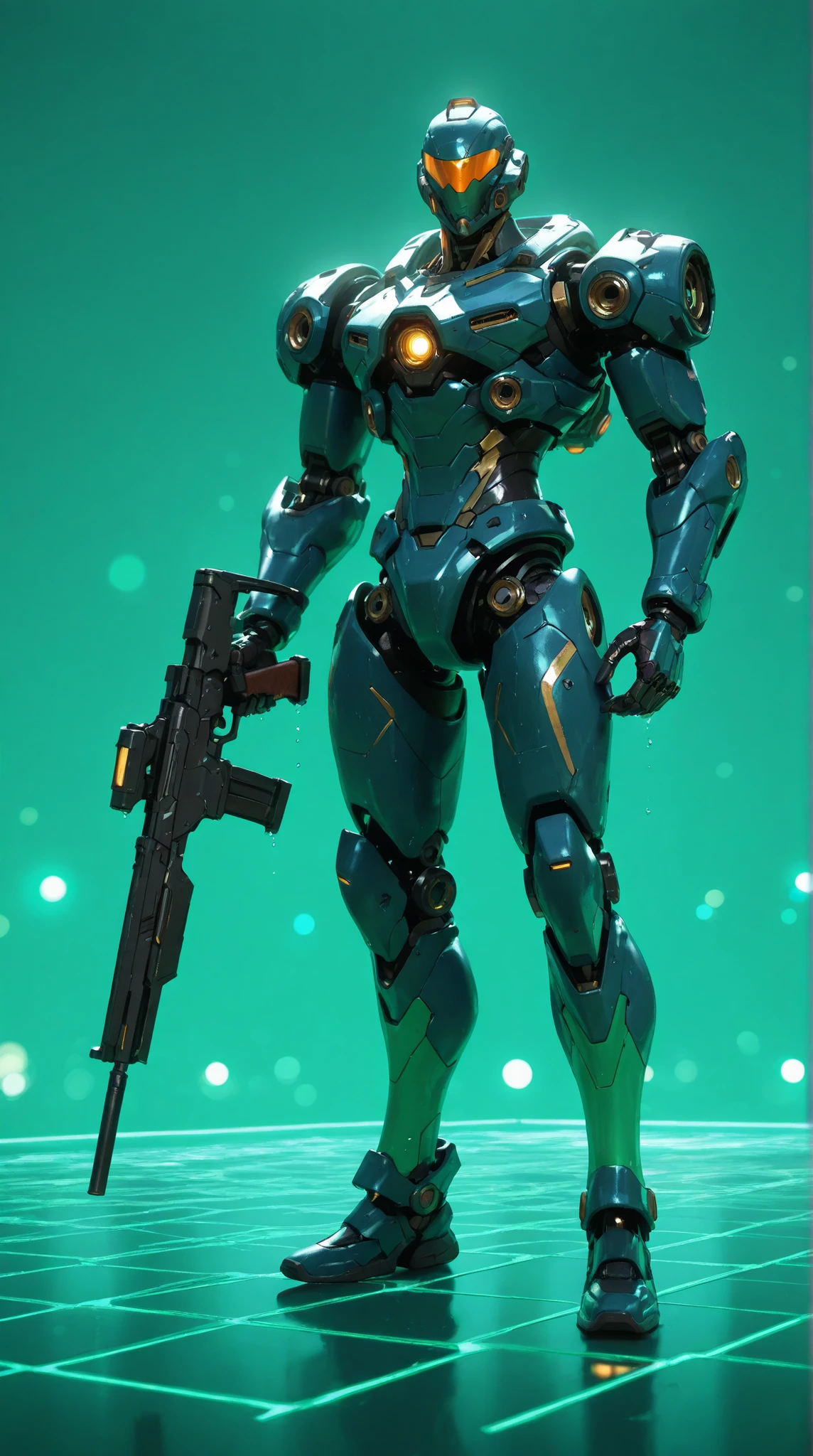 dark_fantasy, Cyberpunk, (gun, 1.1), 1 person, Mechanical Wonders , Robot Presence, Cybernetic guardian, green, 8k, simple background, Character, Detailed Facial Features, alert expression , mechanical action , Highly-equipped, Neon grid, metal texture, Heavy Vibes, Cyberpunk, digital art, 3D rendering, high quality, depicted in extreme detail, Photo realistic, HDR, UHD, Studio Light, professional, vivid colors that are wet and transparent, bokeh effects
