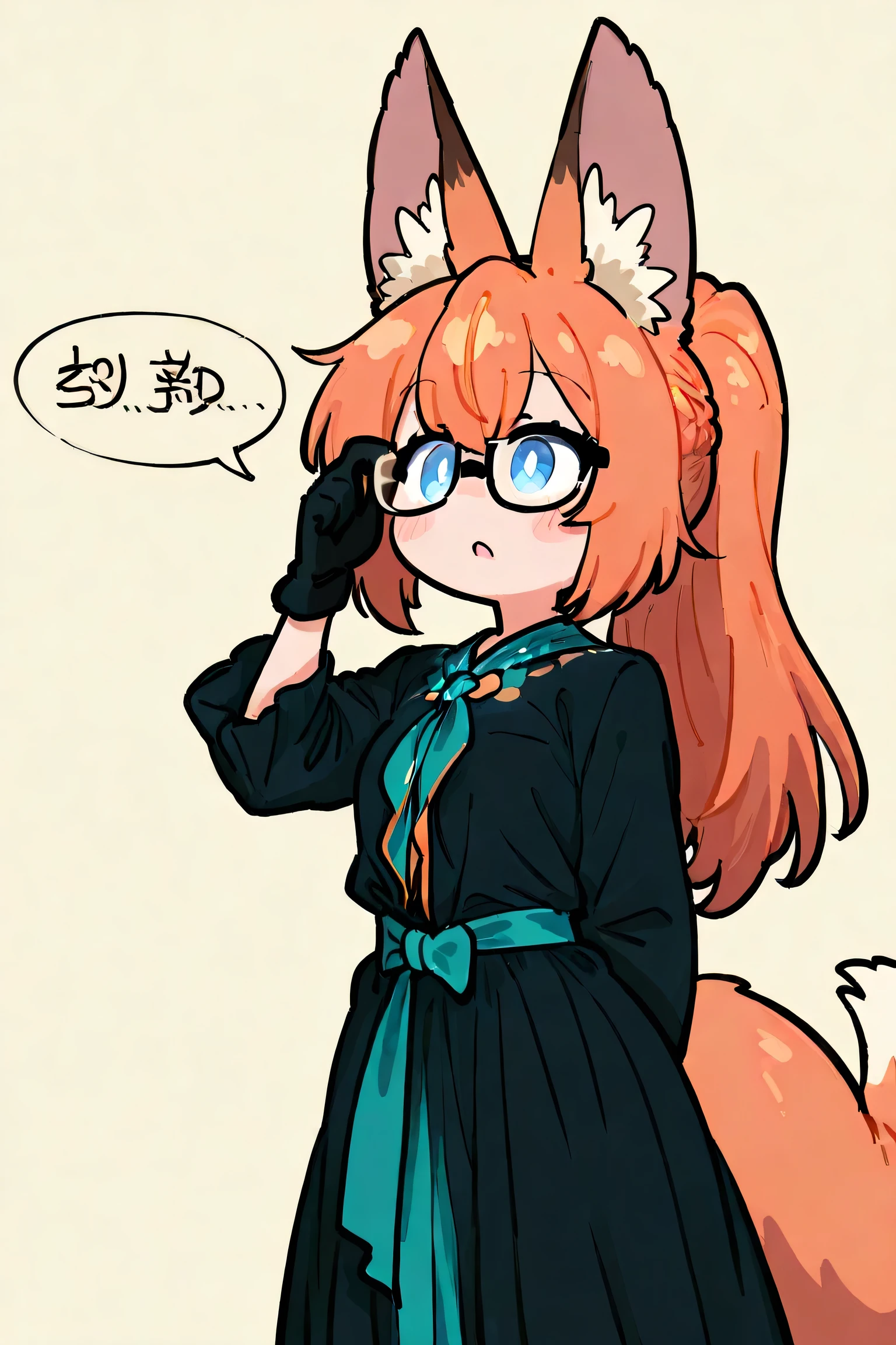 female, orange-bronze hair and blue eyes with 4-point stars in them, wearing orange and blue clothes, fox ears and tail, Explaining a topic with glasses