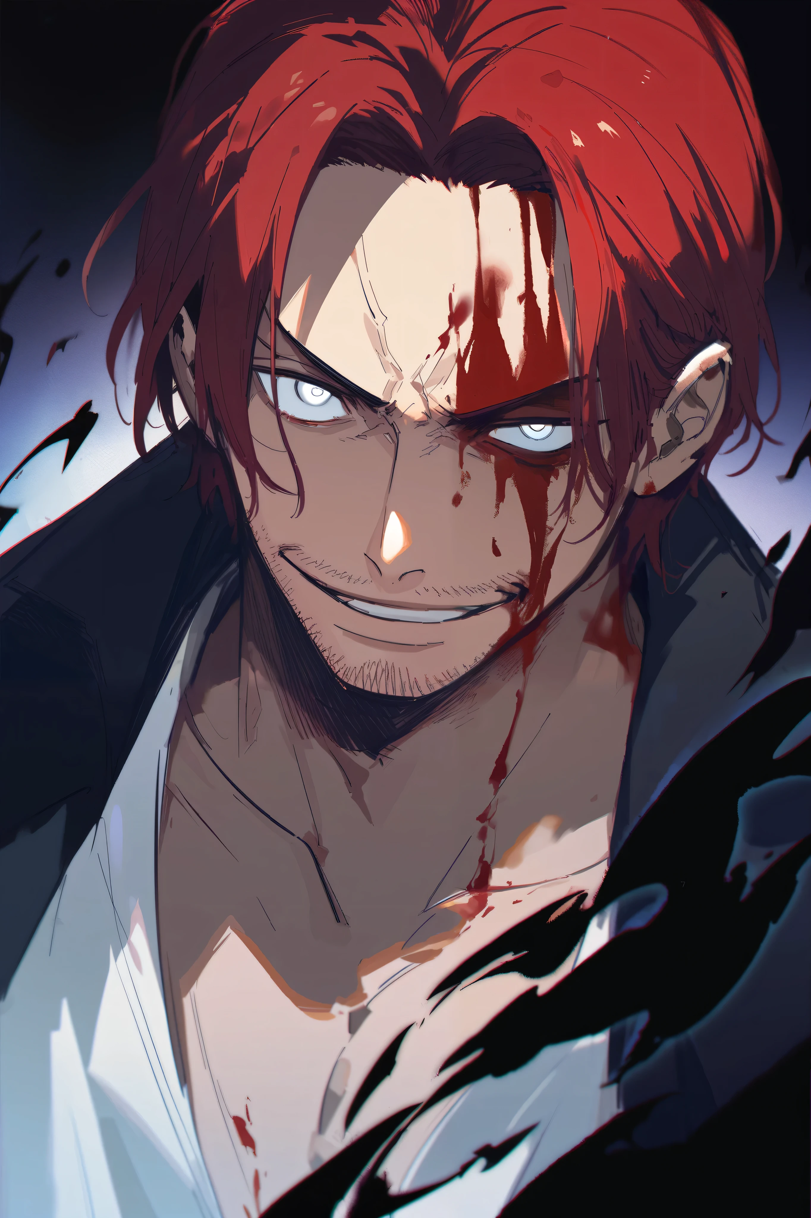 Shanks from the anime One Piece, high quality, red hair, scars on the eyes, black cloak