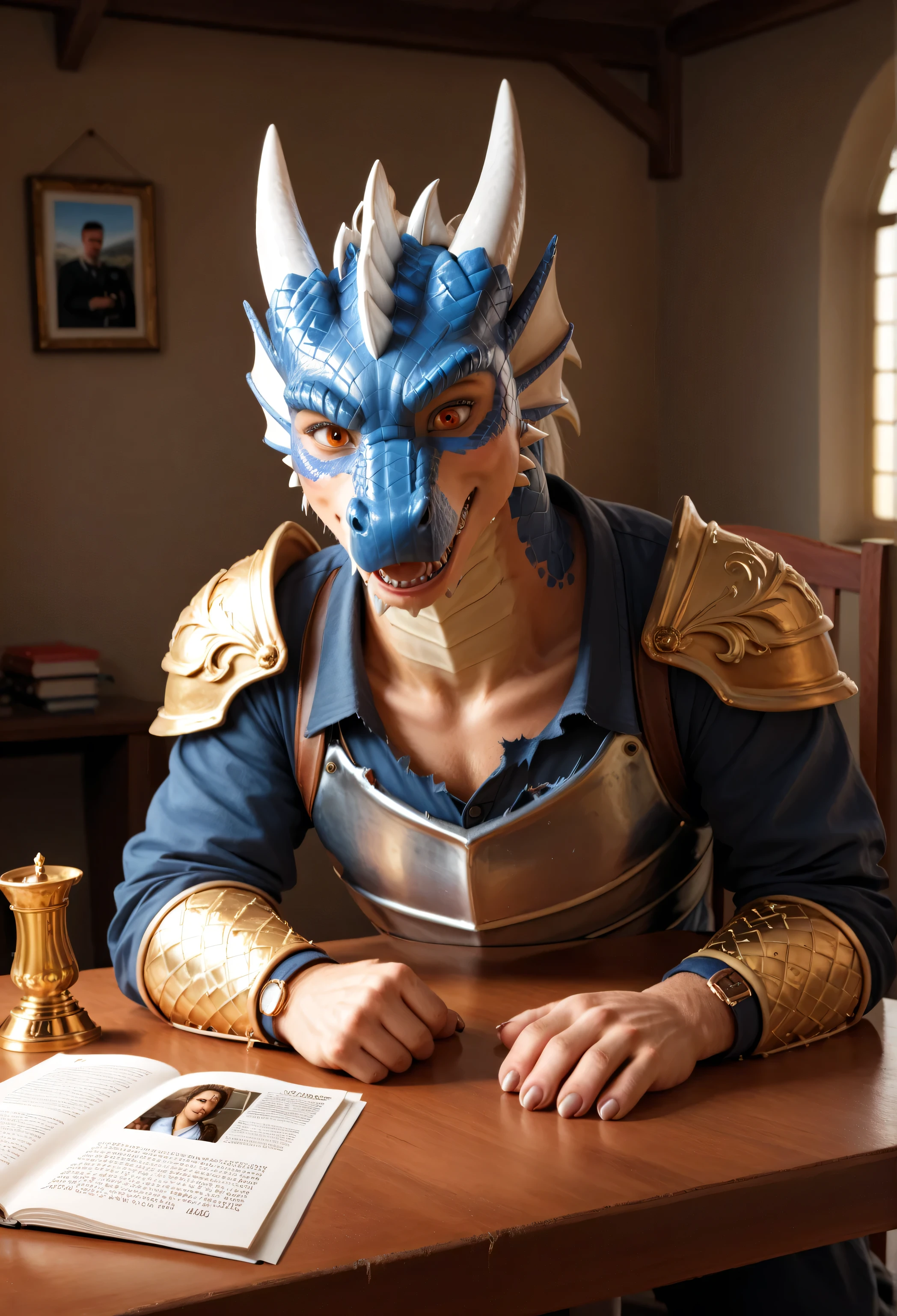 man transformation, single, human skin, human hands, human face:1.5, ,knight morfing into feral dragon, giant dragon, against a table, in pain:0.8, scared:0.8, confused:0.8, torn armor:1.1, dragons lair, cave, giant pile of gold and silver, gems, ((Ultra-detailed, Realistic, Photorealistic, photo-realistic:1.37), 4k, 8k, RAW, HDR, UHD, Canon EOS P3, Canon EOS R3, 85mm f/1.4, 15mm, 35mm, award winning photo, 80mm, f2.8, high resolution, hd, full colour, 4k, high definition, 3 point lighting, sharp focus, smooth, Professional, cinematic, extreme detail, (high detail:1.4) description, masterpiece, deep shades, best quality,))