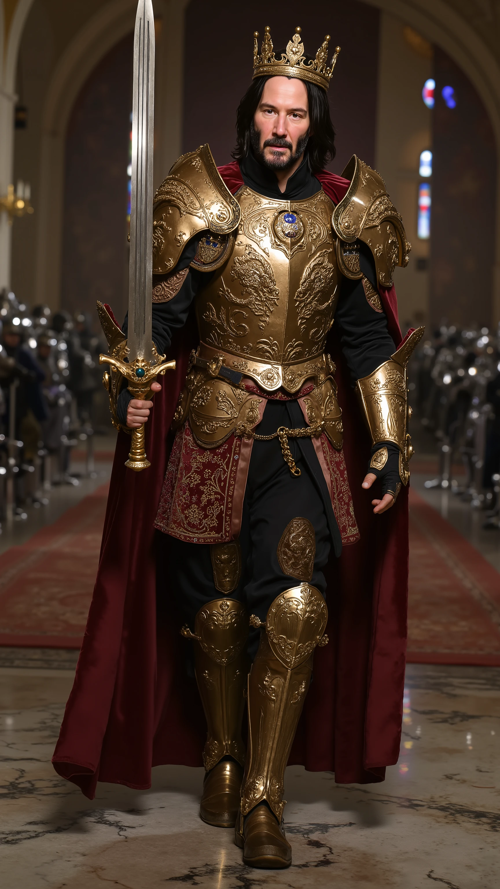 Keanu Reeves reimagined as a Medieval King walking and holding a longsword､dramatic atmosphere, 1 male､ 

Shoulder-length, wavy black hair, a well-groomed beard, and piercing dark eyes. His facial features are sharp and noble. A golden crown, adorned with sapphires and emeralds, rests upon his head, featuring intricate engravings of lions and heraldic symbols.

He wears ultra-luxurious royal armor crafted from polished gold and deep crimson metal, adorned with intricate engravings of dragons, fleur-de-lis, and regal filigree. His breastplate features a central crest with a roaring lion, inlaid with rubies and framed by detailed golden patterns. The pauldrons are sculpted in the shape of crowned lion heads, their eyes set with glowing sapphires. A heavy, deep red velvet cloak, embroidered with gold thread and encrusted with diamonds along the edges, flows behind him, fastened by a brooch shaped like a royal seal. His gauntlets and boots are decorated with golden filigree and polished onyx.

In his hand, he holds a majestic longsword with a golden hilt, encrusted with rubies and intricate metalwork of ivy vines wrapping around the blade. The pommel is adorned with a large sapphire, while the crossguard features delicate, curling engravings.

, shows his male character's full figure, athletic body, perfect  face, full body, extremely beautiful, god, male shape, perfect anatomy, The background features a grand medieval throne room with towering stone columns, crimson and gold banners hanging from the ceiling, and an ornate, jewel-encrusted throne behind him. Tall stained-glass windows cast colorful light onto the marble floor, where knights in polished armor stand at attention. The walls are adorned with detailed tapestries, photorealistic, masterpiece, realistic, high contrast, 8k, HD, high definition detailed, detailed, hyper detailed, realistic skin texture, best quality, ultra high resolution, hyper realistic, no text, very detailed eyes, dramatic lighting