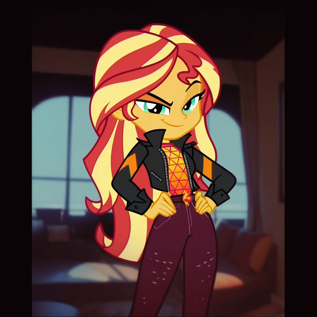 score_9, score_8_up, score_7_up, score_6_up, cartoon, human, equestria girls, sunset shimmer, starlight glimmer, duo female, male pov, Sunset and Starlight stand in front of a bound male pov who is sitting in a chair. Sunset and Starlight are wearing , high heels and zippered jackets. They are also wearing lipstick and painted eyelids.