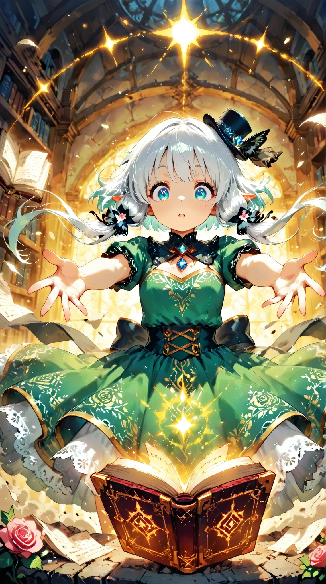 score_9, score_8_up, score_7_up, UHD, Masterpiece, amazing quality, very aesthetic, absurdres, ultra-detailed, BREAK, (ancient grand library with countless bookshelves stretching to infinity, soft candlelight illumination, dust particles floating in light beams, mystical atmosphere), BREAK, 1girl\solo\(hamuko-chan, elf, silver bob cut,  mini hat\pink rose\lace, Intricate:1.3\Green leaf dress\frill, lace), (expressions of awe and shock, reaching out toward a magical grimoire,), the grimoire rests on an ornate stone pedestal, emitting blindingly brilliant rays of magical light, ancient runes carved into the pedestal glowing with arcane energy, book pages violently turning by themselves in a maelstrom of wind and luminous magic, ethereal energy swirling around the book, pages covered with glowing magical symbols and ancient text, BREAK, (dramatic lighting, golden hour illumination mixed with magical blue and purple hues, volumetric light beams cutting through library's darkness, intricate detailed shadows, dynamic composition with strong focal point on the grimoire and the elf's face, magical particles and light motes in the air, depth of field effect,), BREAK, BREAK, BREAK, dynamic angle:1.5, panorama:1.2, cinematic:1.3, atmosphere of discovery and wonder, illustrious art style, cinematic and immersive scene, low angle, dutch angle:1.2, upper body:1.1