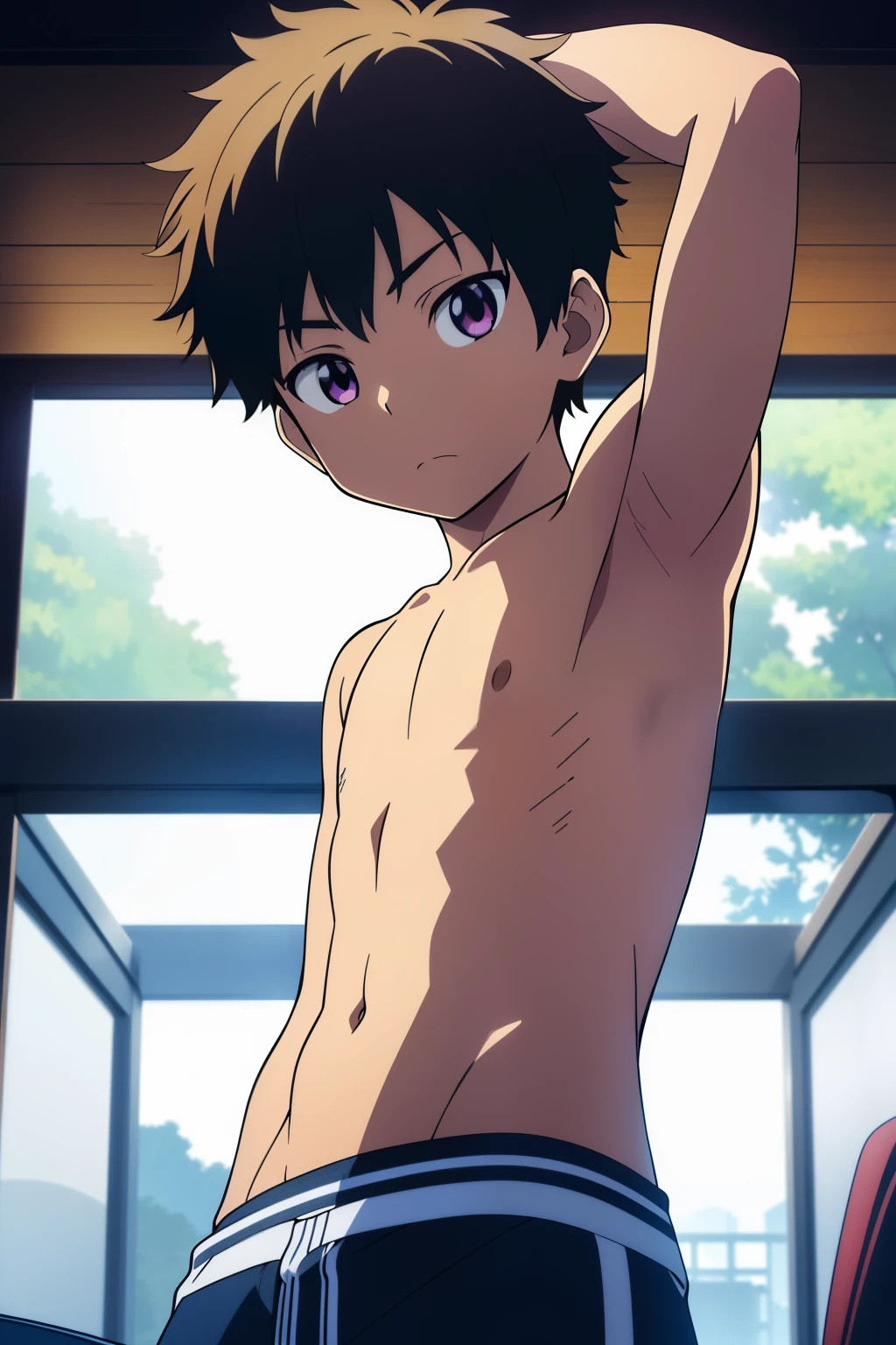 Highres, Masterpiece, Best quality at best,Best Quality,hight quality, hight detailed, anime style, 1boy, Boy, Shota, Solo person, Shirtless, Without cloths, Seen from the below, look at viewer, Look like  brother, Upper body, Flufy hair, (very young boy), (very small and short body), 12-yeaolds, Sie beckground, (A boy is teasing using his armpits), Such a cute smooth armpit, Sexy armpit, beautiful armpits, seductive armpits, Cute face, hansome boy, seductive pose, uhd,