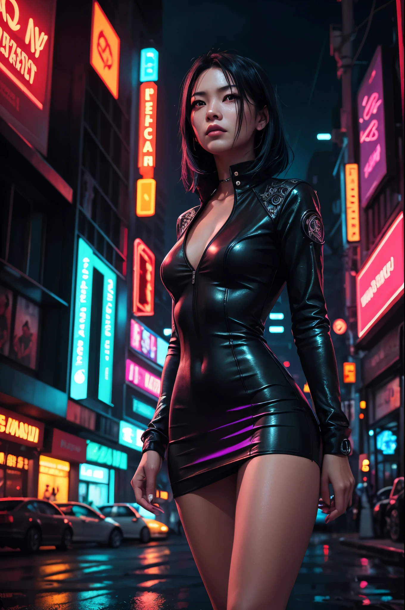 (Wide angle view). "ghost in the shell" film inspired futuristic Tokyo city, simple outlined neon tall buildings, OLED holographic portrait on buildings, glowing giant clock tower, 1drone, lightning, 3D rendering Beeple. At night, (1girl, solo, alone), photorealistic, medium-breast slim:0.6 body, oval:0.5 face, cleavage:1.1, sexy costume with deep-v, low view pleated miniskirt, glove, (Matrix style black micro sunglasses), ((aiming viewer with a short gun)), (running pose), (half-body thigh level close-up shot), cinematic lighting, ray tracing.