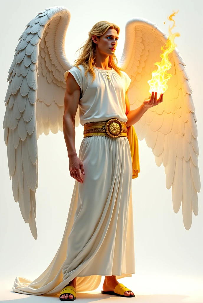 Blonde male, angel, long hair male, white dress, flaming sword, large wings