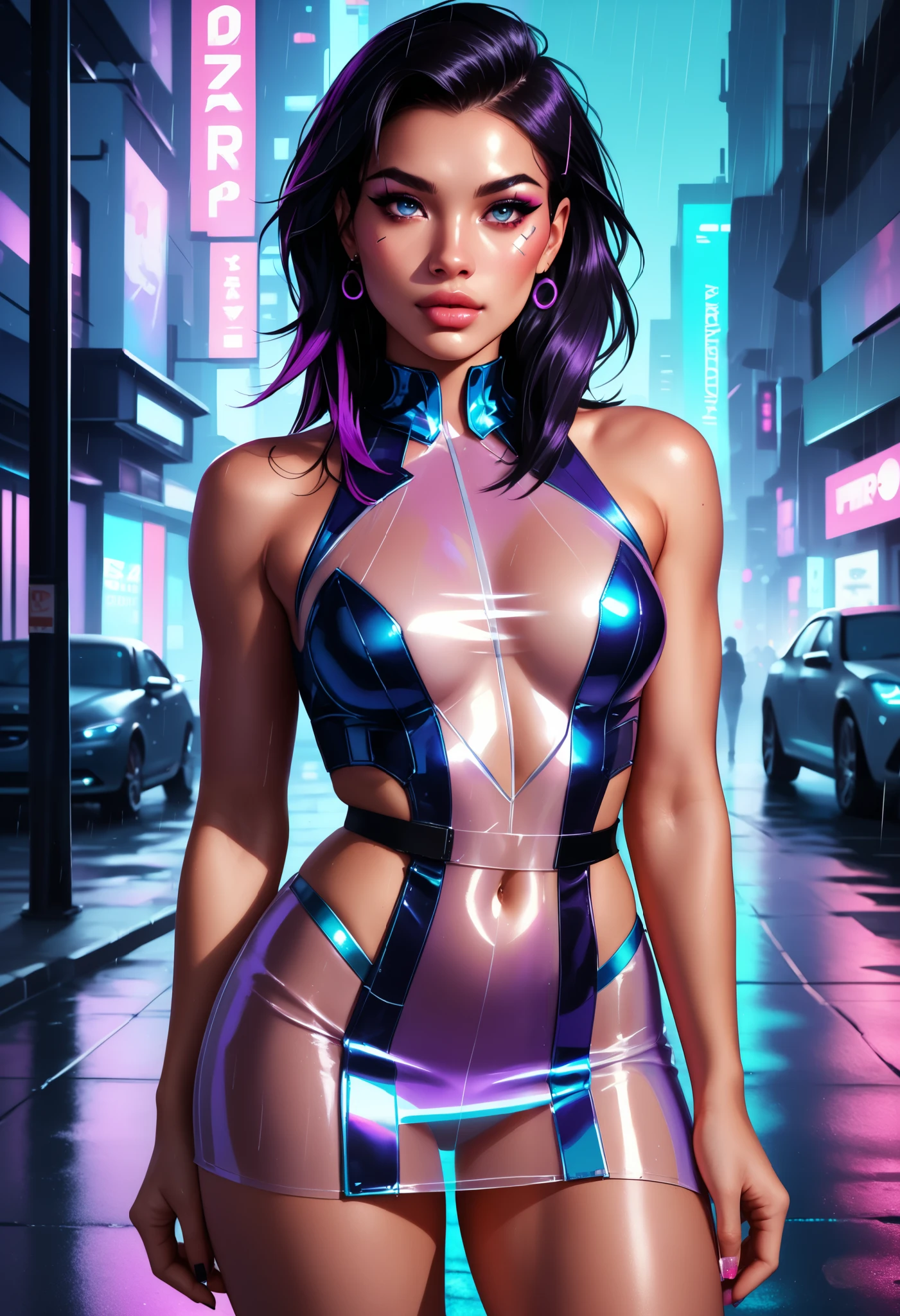 asian woman, purple streaked black hair, see-through clothes, short dress, seductive, assassin, detailed portrait, intricate facial features, piercing gaze, confident posture, stealthy movements, elegant attire, dramatic lighting, moody atmosphere, neon-infused cyberpunk city, rainy streets, glowing skyscrapers, hyper-detailed, cinematic, 8k, ultra-realistic, photorealistic, dramatic lighting, deep shadows, neon-drenched color palette, cyberpunk, neo-noir, concept art