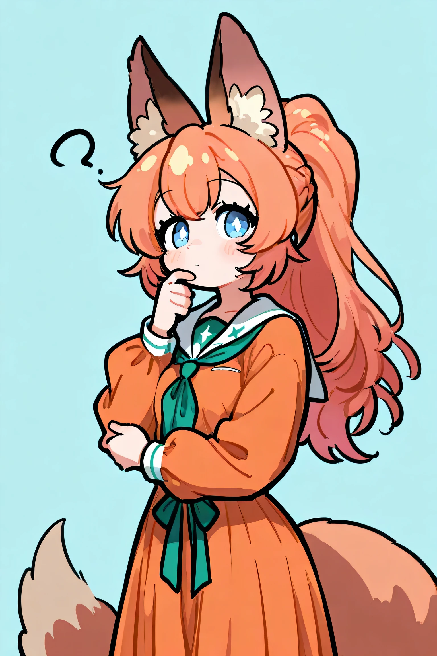 female, orange-bronze hair and blue eyes with 4-point stars in them, wearing orange and blue clothes, fox ears and tail, thoughtful