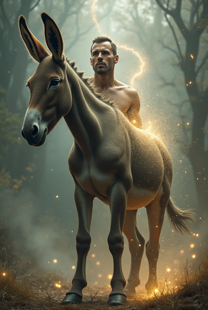 A barefoot man running after a horse, his feet covered in blood, in the middle of the forest, above the white flowers and the white horse, the moon and the sun at sunrise, a real scene.