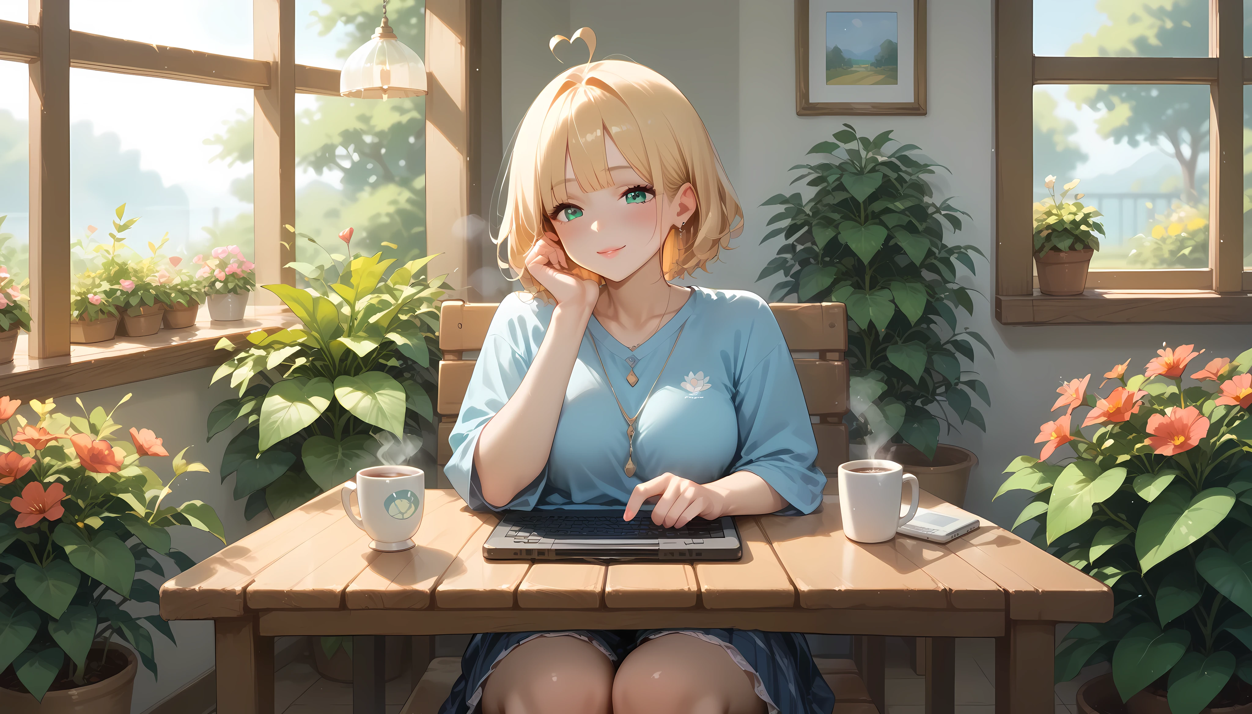 "A cozy outdoor seating area in front of a beautiful home garden, filled with lush green plants and colorful flowers. A woman sits at a small wooden table, gazing at her laptop screen with a relaxed expression. A steaming cup of coffee and her smartphone rest beside her. The warm sunlight filters through the leaves, creating a peaceful and inviting atmosphere."