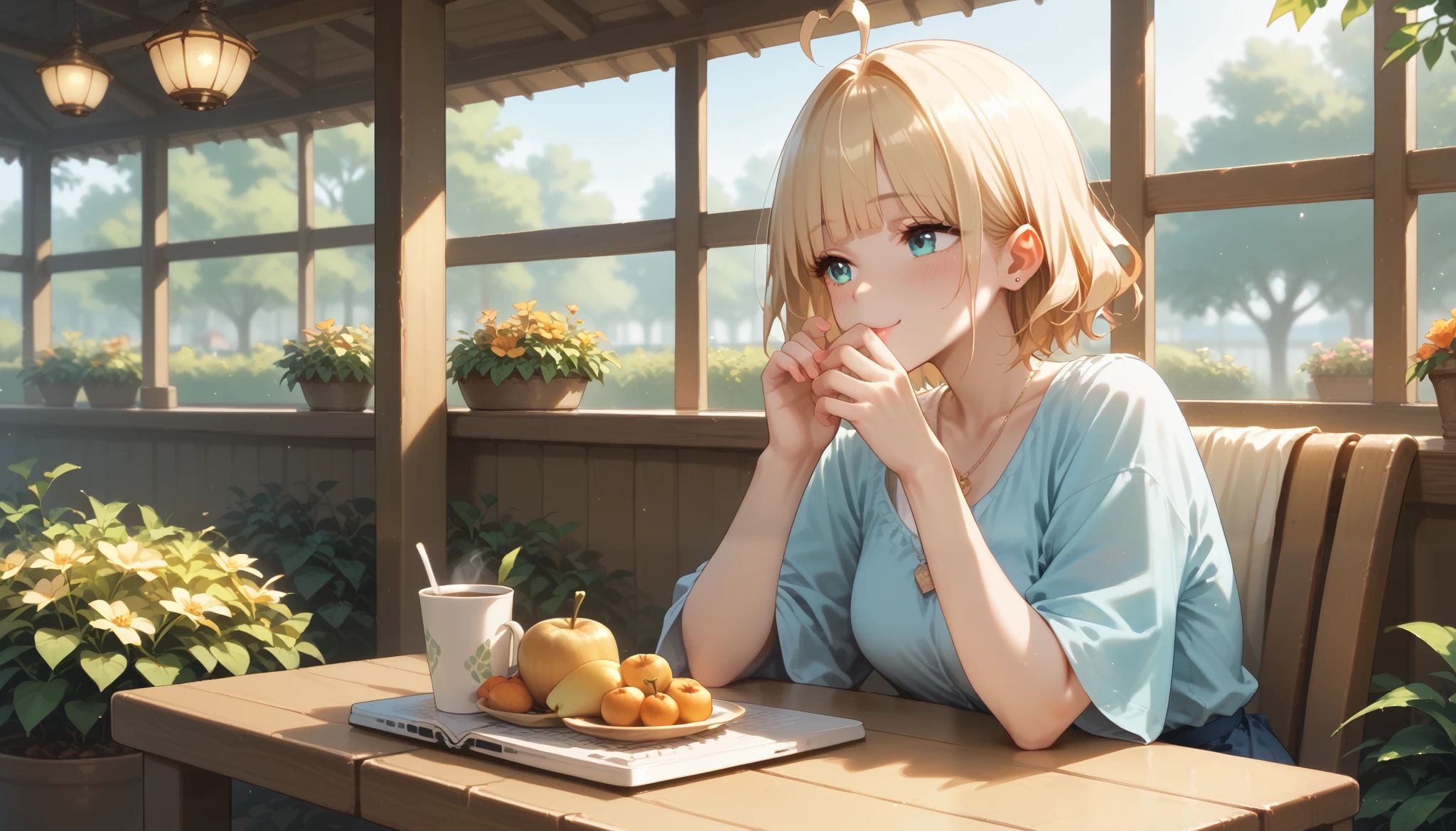 "A serene front yard garden with a cozy seating area, featuring a wooden table and comfortable chairs. A woman is sitting leisurely, sipping her coffee as she focuses on her laptop. Her smartphone rests nearby. The gentle breeze moves the leaves, and the sunlight creates a warm, peaceful glow."

