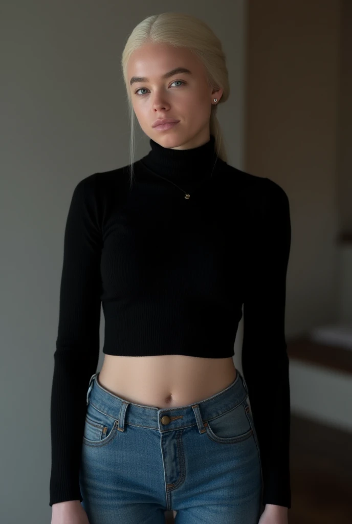 a beautiful blonde woman, beautiful golden blonde hair, detailed eyes, beautiful detailed lips, perfect body proportion, extremely detailed face, long eyelashes, in a museum, wearing a basic outfit, wearing a black jean slim and a t shirt and a jacket north face black and yellow, (best quality,4k,8k,highres,masterproject:1.2),ultra-detailed,(realistic,photorealistic,photo-realistic:1.37),museum interior, classical architecture, dramatic lighting, intricate details, museum artifacts, elegant pose, flawless skin, fashion portrait