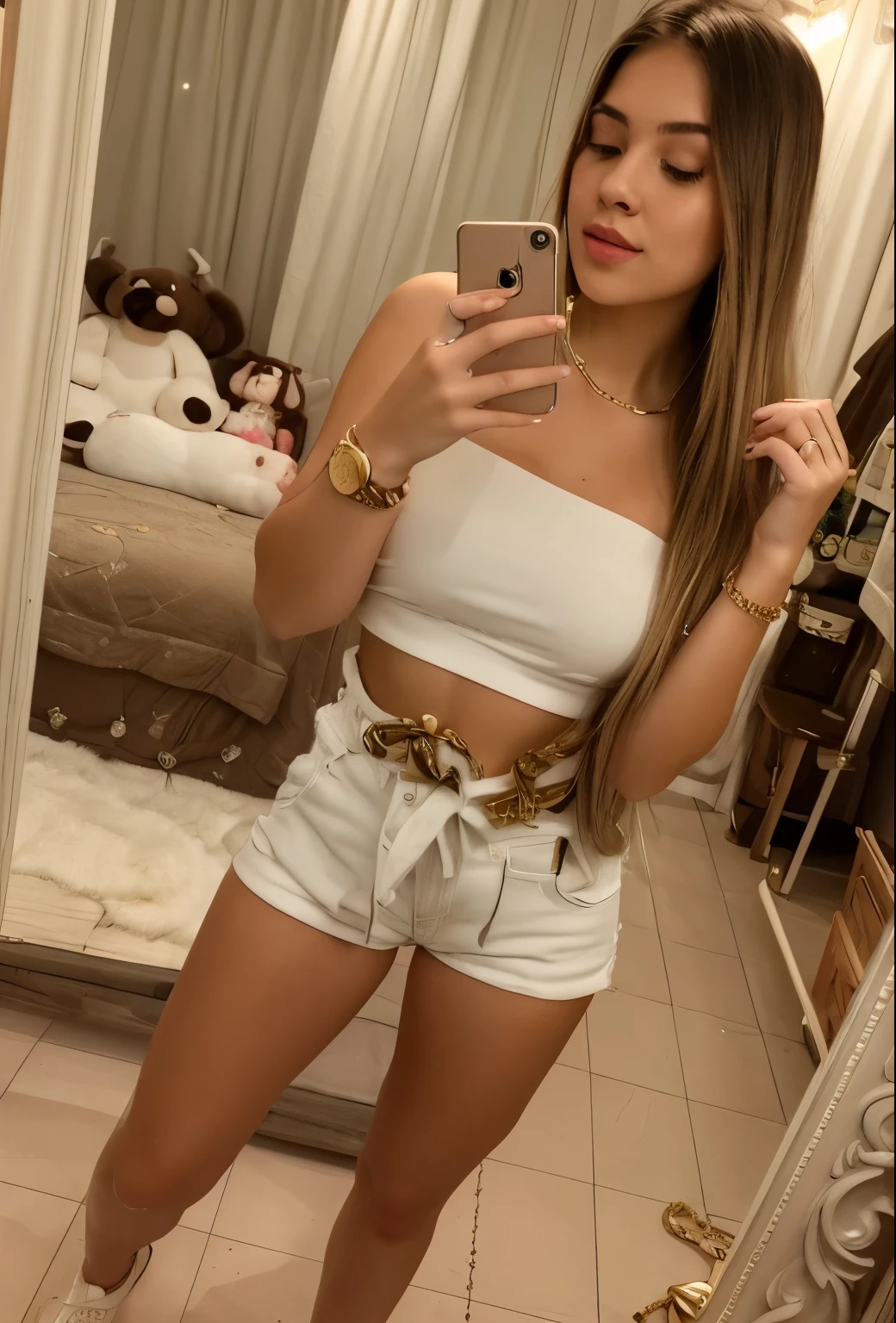 Uma garota com olhos amerelos e cabelo brancos chanel esta em casa com um short e um top
