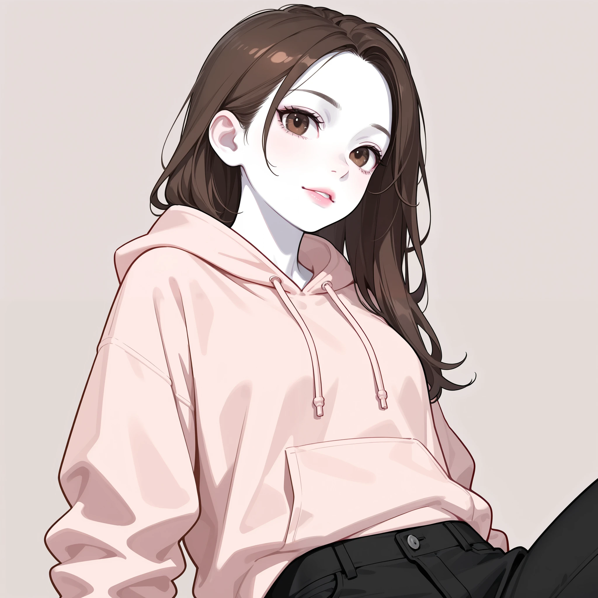 Girl, long brown hair, brown eyes, sharp features, white skin, light pink lips, beautiful, perfect, elegant, wearing a hoodie, pants, high resolution, clear colors. 