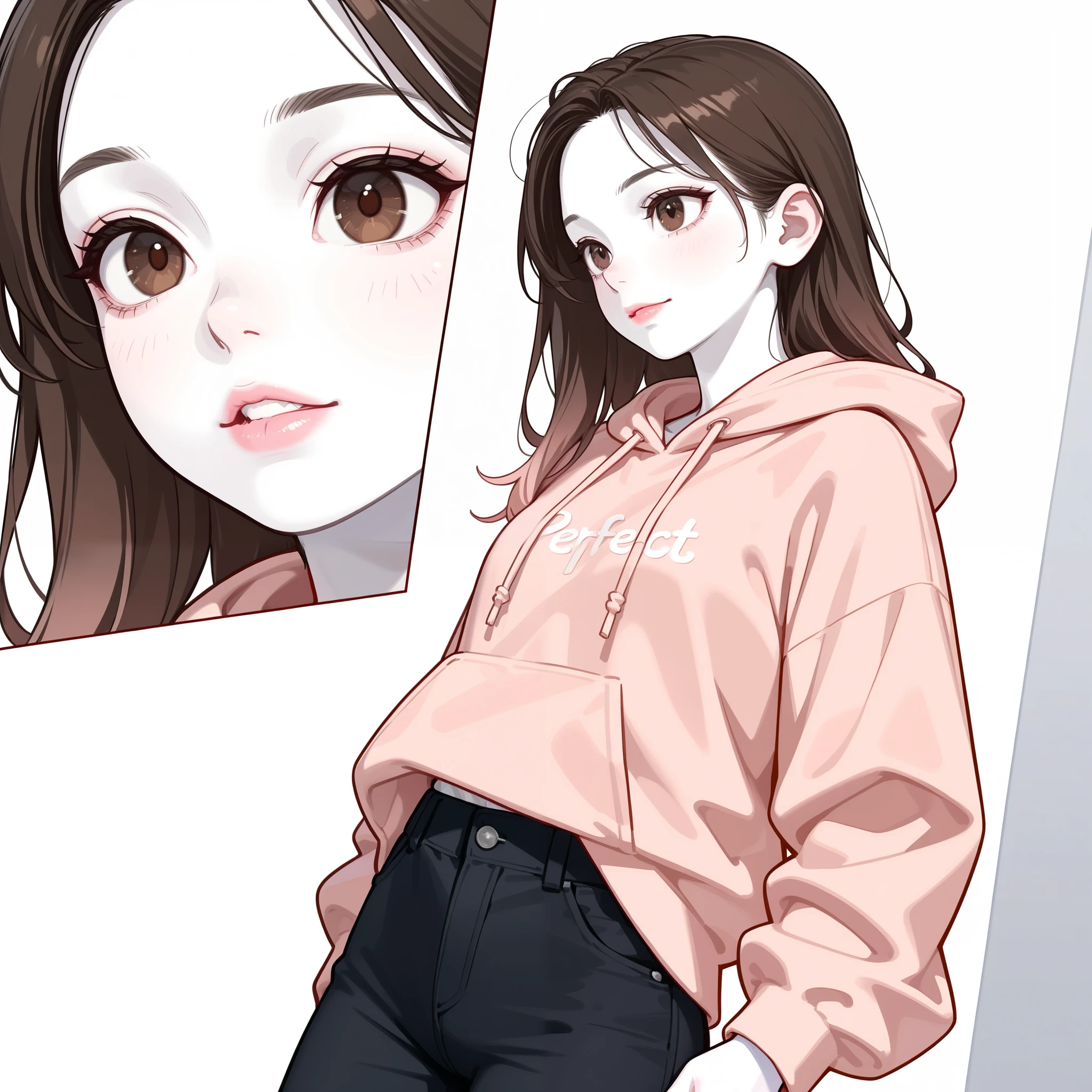 Girl, long brown hair, brown eyes, sharp features, white skin, light pink lips, beautiful, perfect, elegant, wearing a hoodie, pants, high resolution, clear colors. 