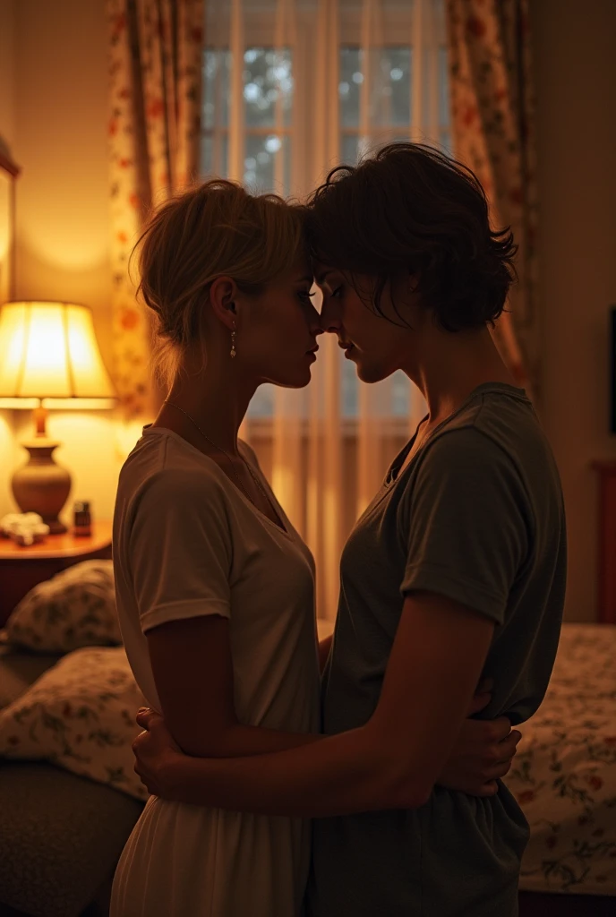 (Best-quality, Masterpiece, Ultra-High-Resolution, (Photorealistic:1.4), Raw Photo, depth of field, professional lighting, perfect anatomy, extremely details), lesbian couple aged 15 and 35, kissing intensely, (((in very dark room))), Lips violently touching each other, dim light of lamp illuminating only faces, very romantic mood, both wearing simple pajamas, both have extremely beautiful hair