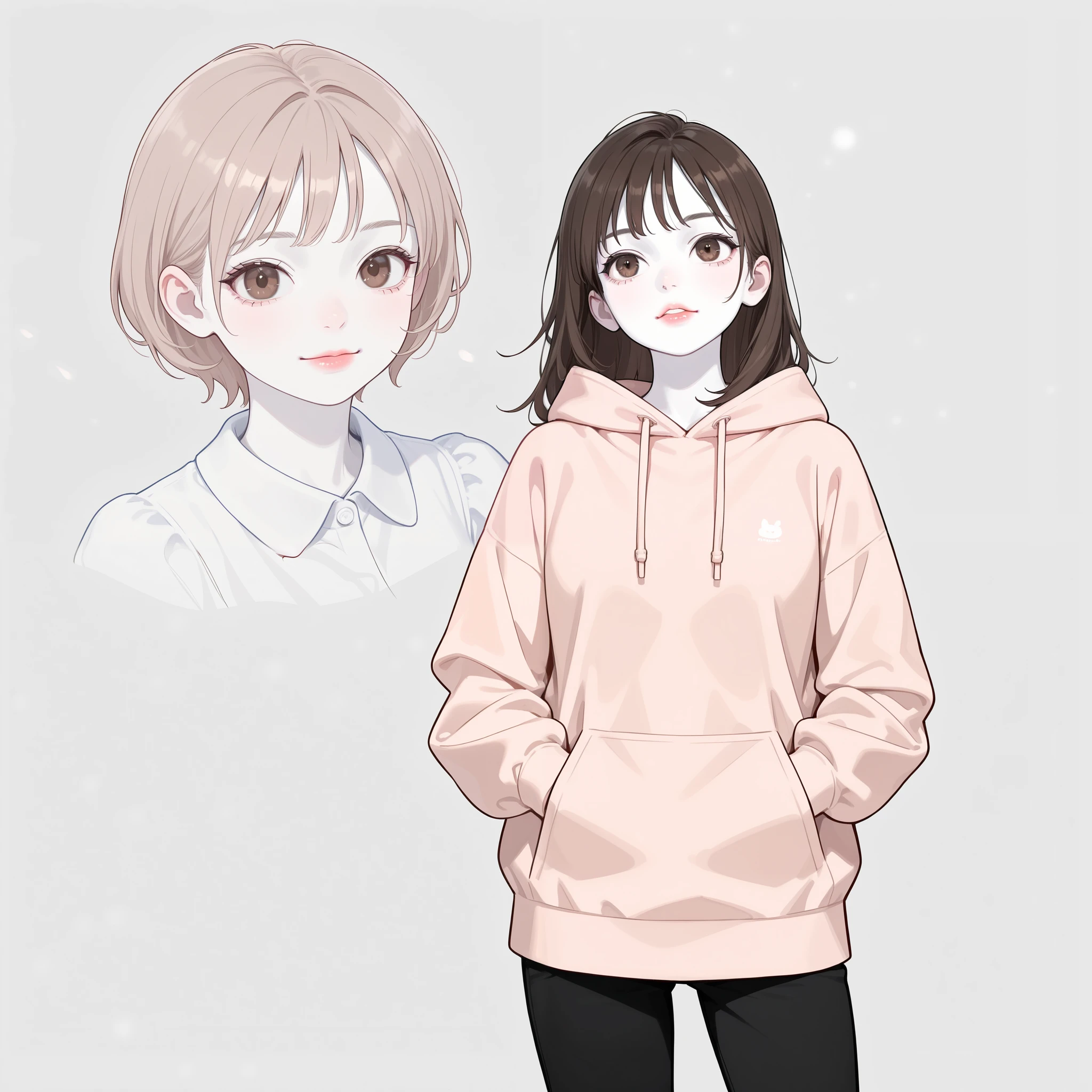 Girl, long brown hair, brown eyes, sharp features, white skin, light pink lips, beautiful, perfect, elegant, wearing a hoodie, pants, high resolution, clear colors. 