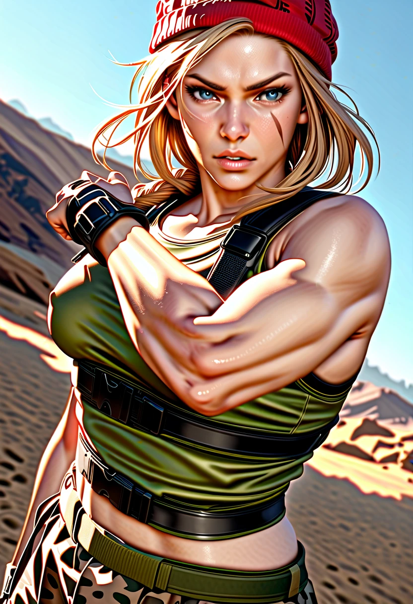 A  woman with a muscled body, blond hair, (hazel detailed eyes), running and jumping while charging an attack using a long Sword in her hand. she is wearing a Loincloth and chest armor. she is standing on a big rock on a mountain in the desert.