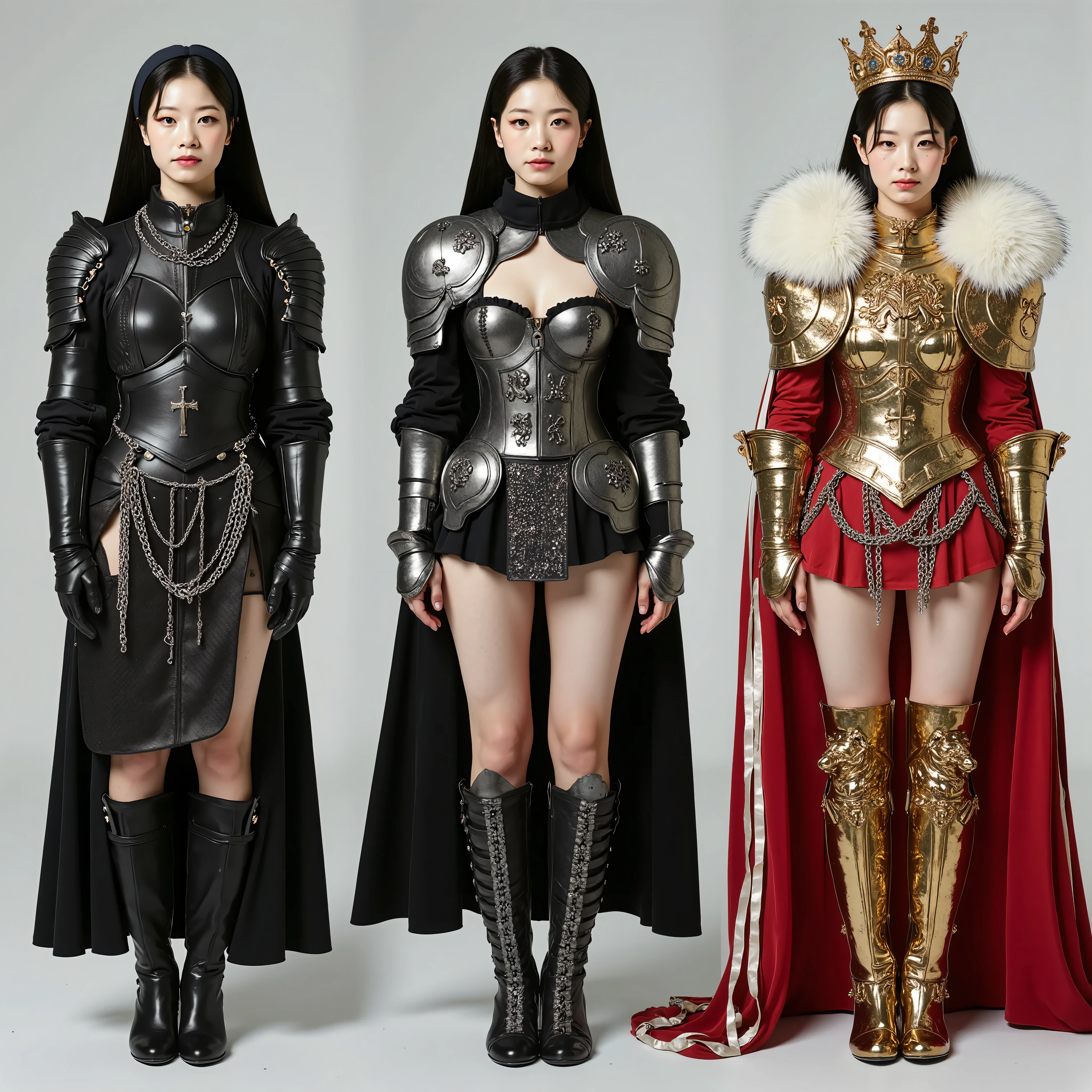 The same Dahyun woman stands exactly full-length images in three different erotic outfits, 1 type - black leather armor of a clergyman nun with a cutout on the leg and steel plates on the shoulders, leather black with silver patterns corset and leather black short skirt with silver chains, silver cross on the chest, black boots with silver heels, silver shoulder pads with streamlined shapes and printed cast crosses, Type 2 - sexy steel streamlined knight armor with engraved lion's coat of arms, steel corset with sapphires, steel large knight shoulder pads with lion head shape, steel chainmail short skirt with chains, steel boots with plates, 3 views gold sexy women's armor and red short skirt with a neckline, golden crown on her head, red royal cloak with white ribbons and white fur collar, gold shoulder pads with lion engraving and gold boots with pointy toes, stands on a gray background .
