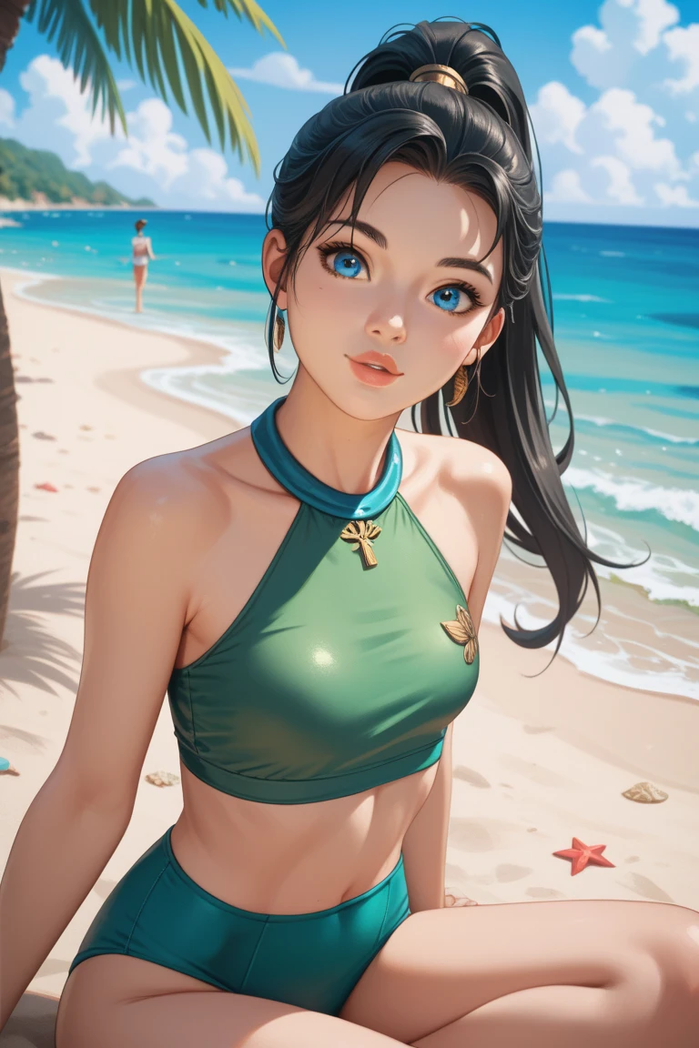 A serene Western woman with medium-length brown hair in braids stretching on the beach. She is wearing a green sports swimsuit.