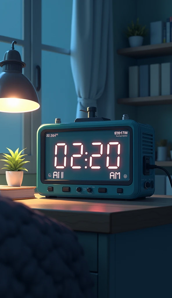 A anime style on the desk digital clock time "02:00 am"